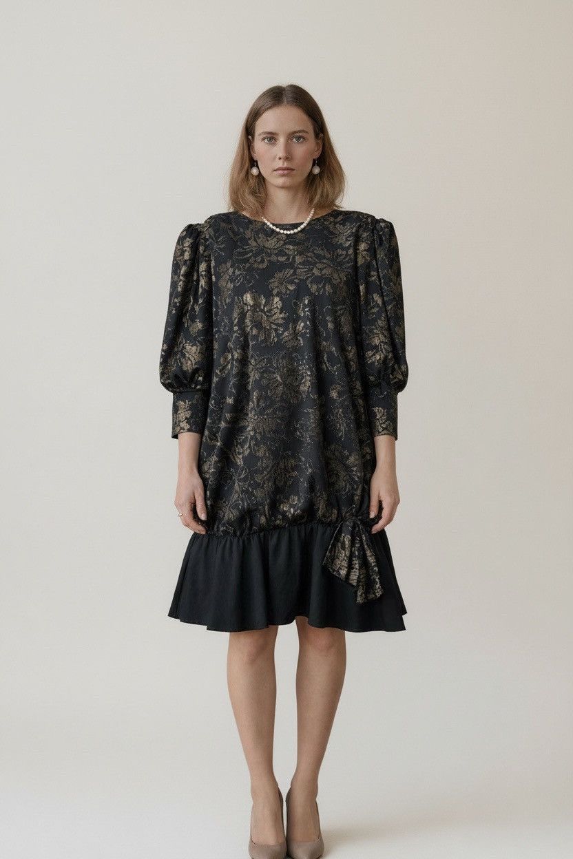 Vintage 1980s Black & Gold Lurex Brocade Dress  Gatsby / L