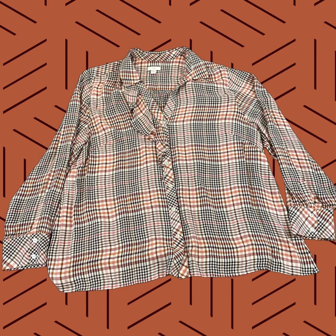 J. Jill J. JILL Shirt Womens 2X Gray Pink Plaid Button Up Ruffled Long Sleeve Tunic Top Size XXL / US 16-18 / IT 52-54 - 1 Thumbnail
