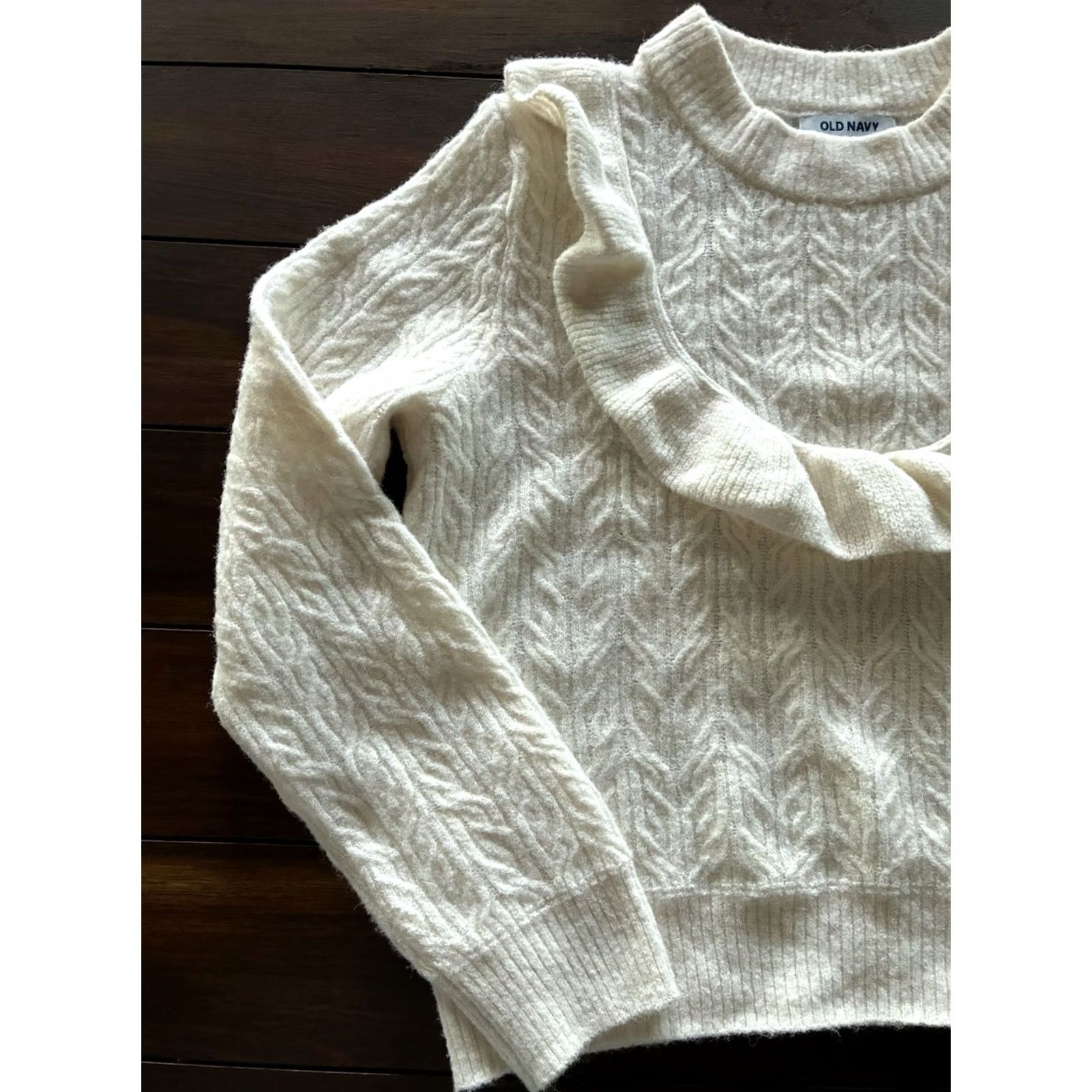Old Navy Old Navy Womens Wool Blend Ruffle Cable Knit Cropped Sweater Cream M Pullover Crew Neck Short Sleeve? Size M / US 6-8 / IT 42-44 - 3 Thumbnail