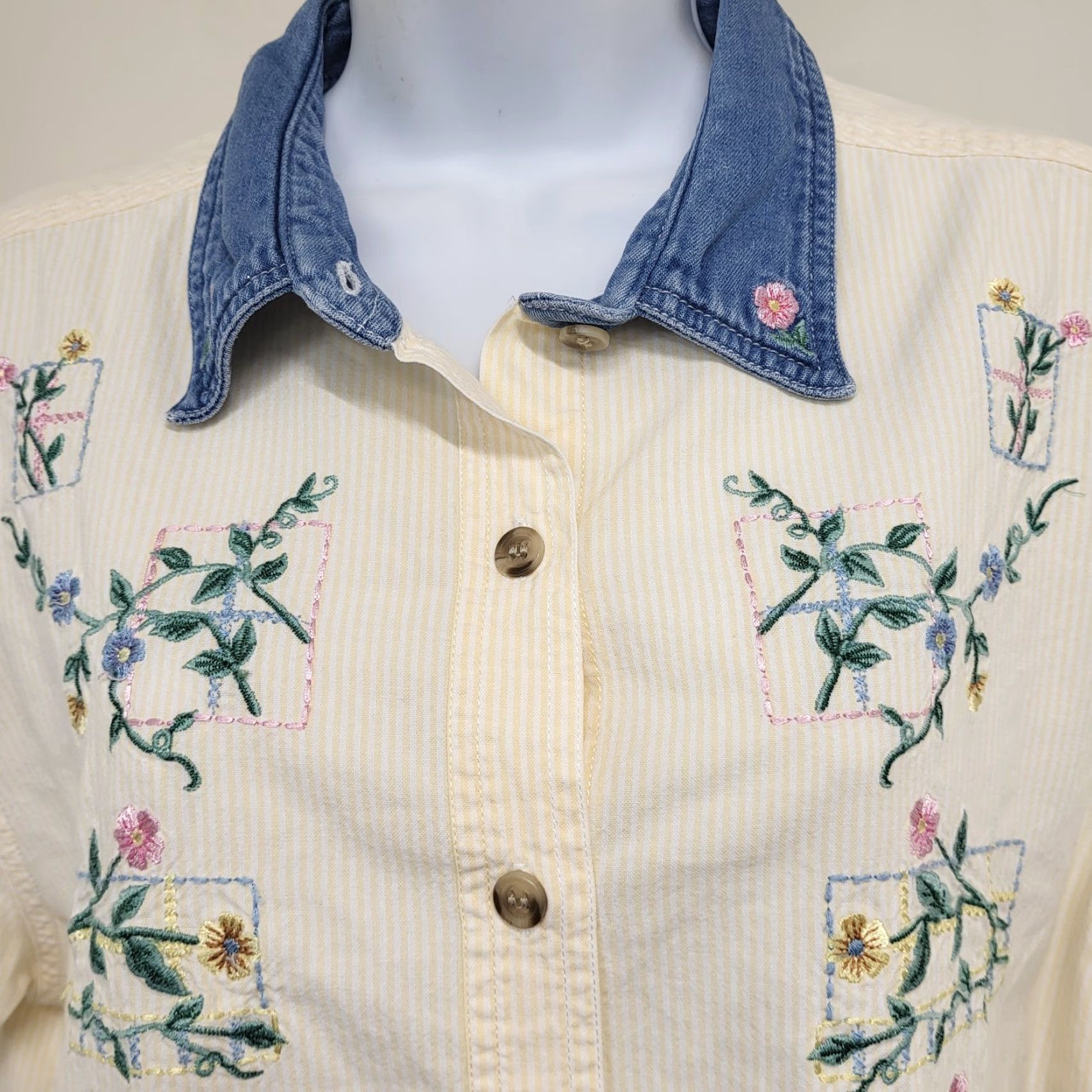 Vintage VINTAGE Bobbi Brooks Women's Shirt L Striped Floral Embroidered Button-Up Yellow Blue 80s Classic Mens Womens Girls Size L / US 10 / IT 46 - 6 Thumbnail