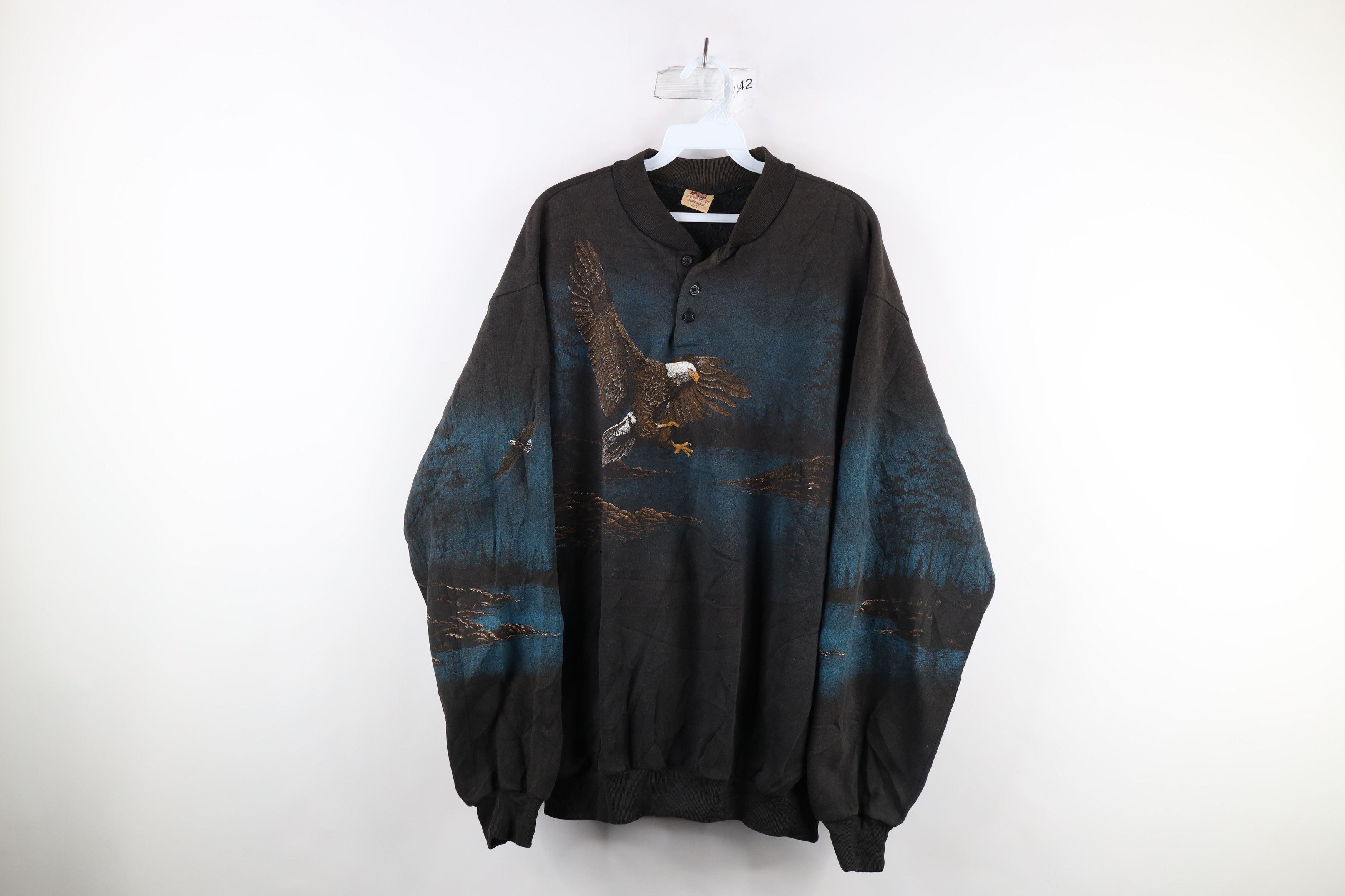 Image of Vintage 90's Art Unlimited Eagle Nature Henley Sweatshirt Usa, Men's (Size 2XL)