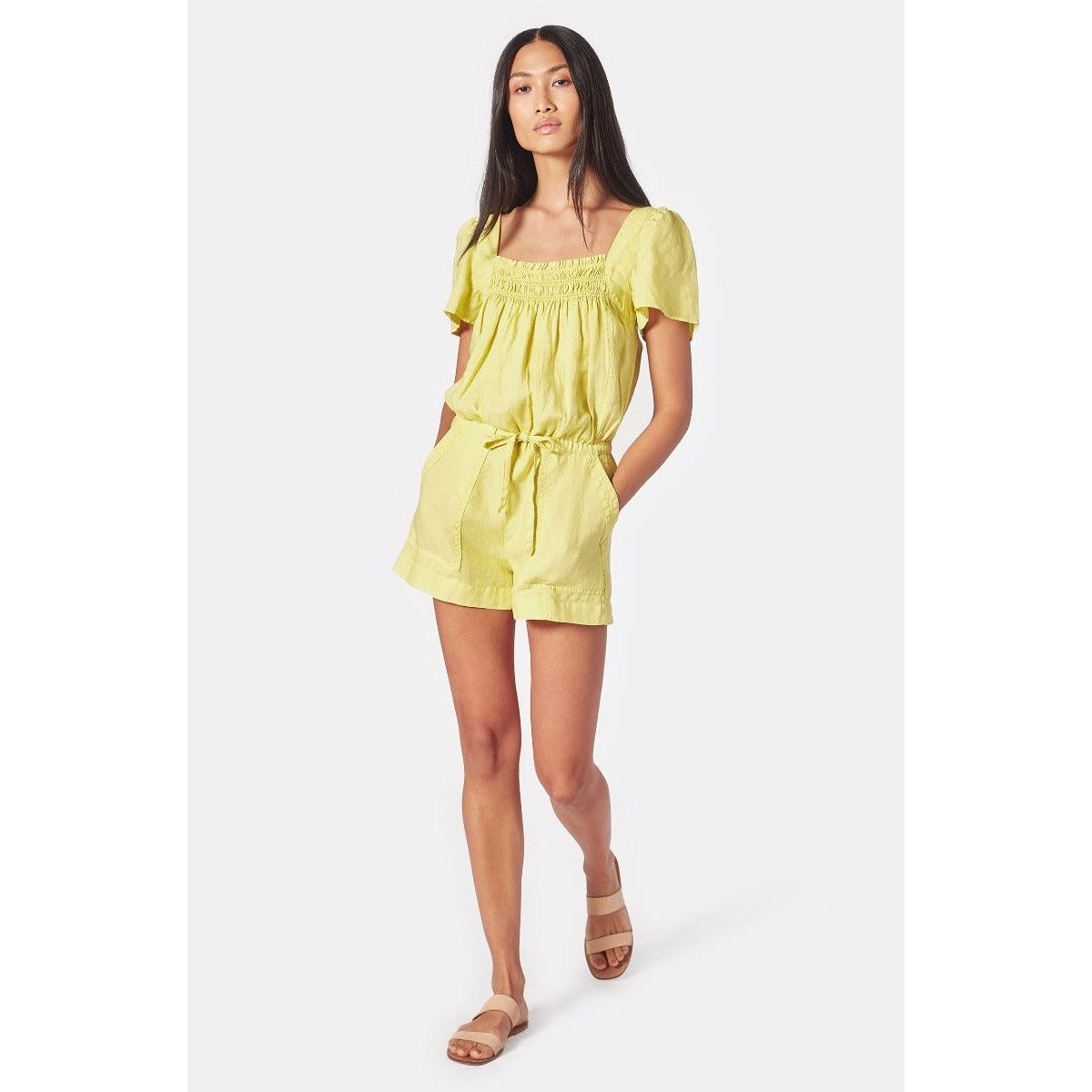Joie JOIE Linen Alina Romper Neon Yellow Smocked Pockets Women XS Size 25" / US 0 / IT 36 - 8 Thumbnail