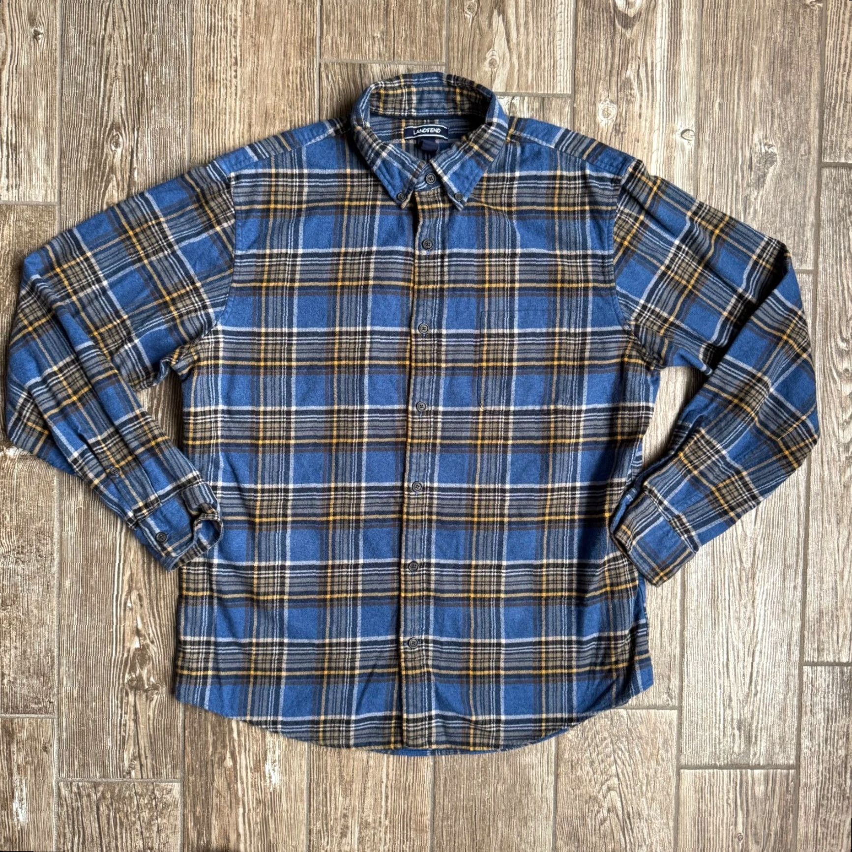 Lands' End Lands' End Flannel Shirt Mens L Plaid Blue Yellow Button-Down Collar Long Sleeve Cotton Thick Size US L / EU 52-54 / 3 - 3 Thumbnail