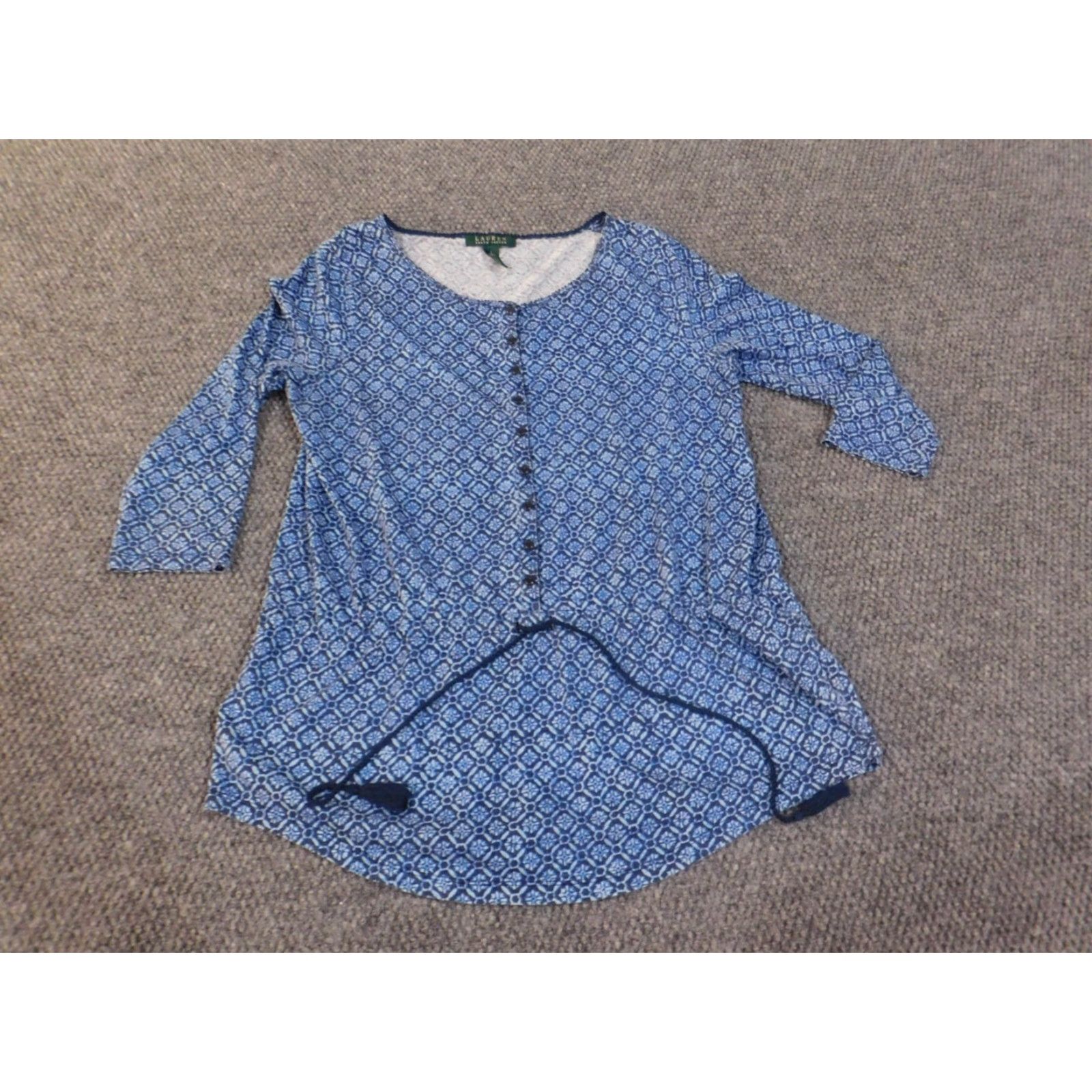 Ralph Lauren Lauren Ralph Lauren Blouse Womens L Blue Geometric Pullover Round Neck Cotton Knit Geometric Pattern Casual Streetwear Basic Size L / US 10 / IT 46 - 4 Thumbnail