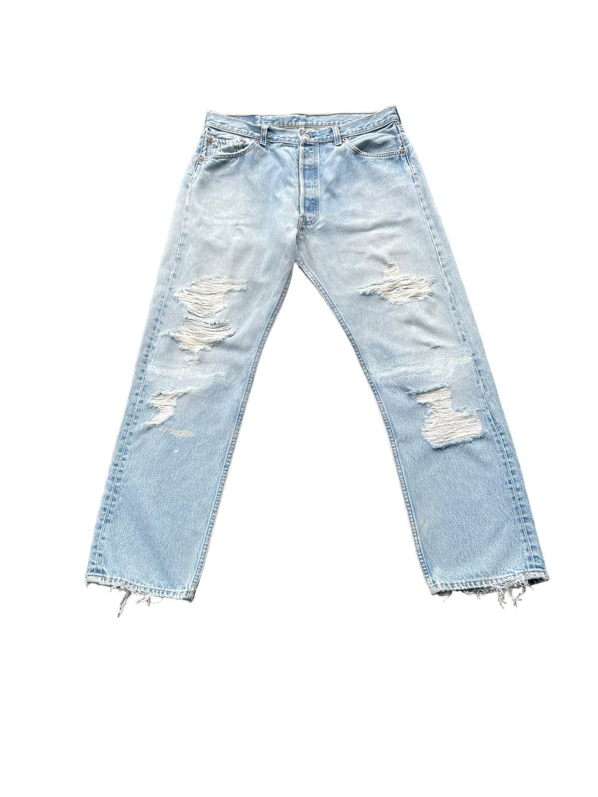 image of Distressed Denim x Levis Vintage 1997 Levis 501 E Distresed Denim in Blue, Men's (Size 35)