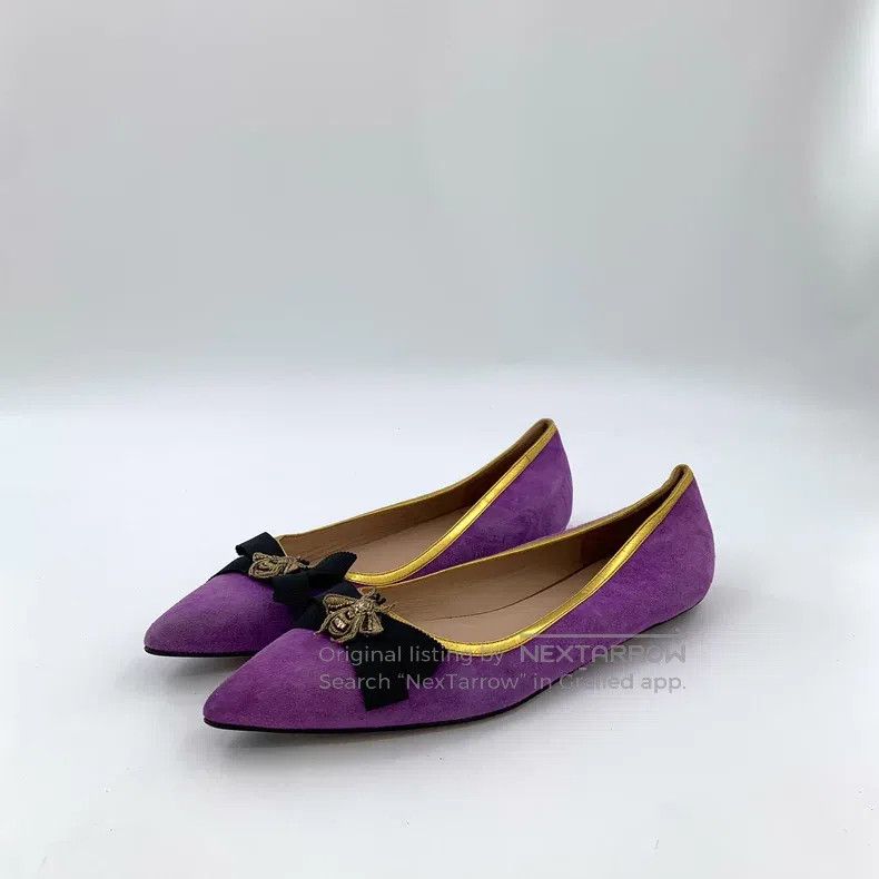 Gucci Gucci Purple pointed bow bee diamond suede casual flat sho Size US 7 / IT 37 - 1 Thumbnail