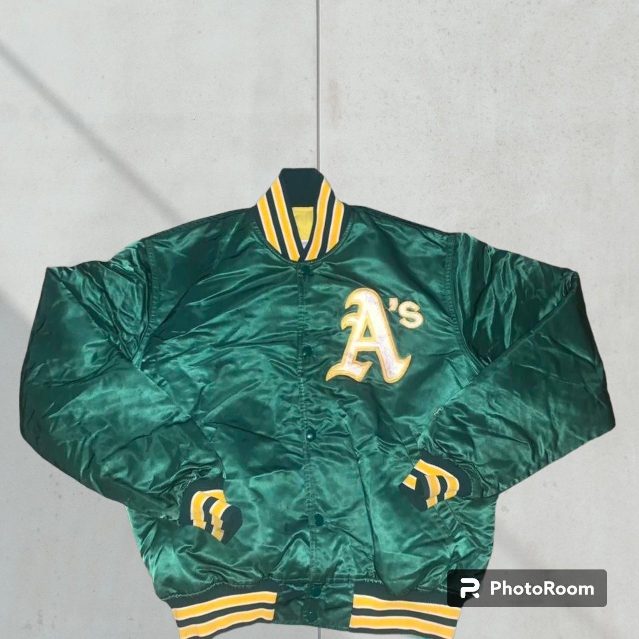 image of Mlb x Vintage VTG 90's Oakland Athletics A's Satin Bomber Jacket By Starter in Green (Size Large)