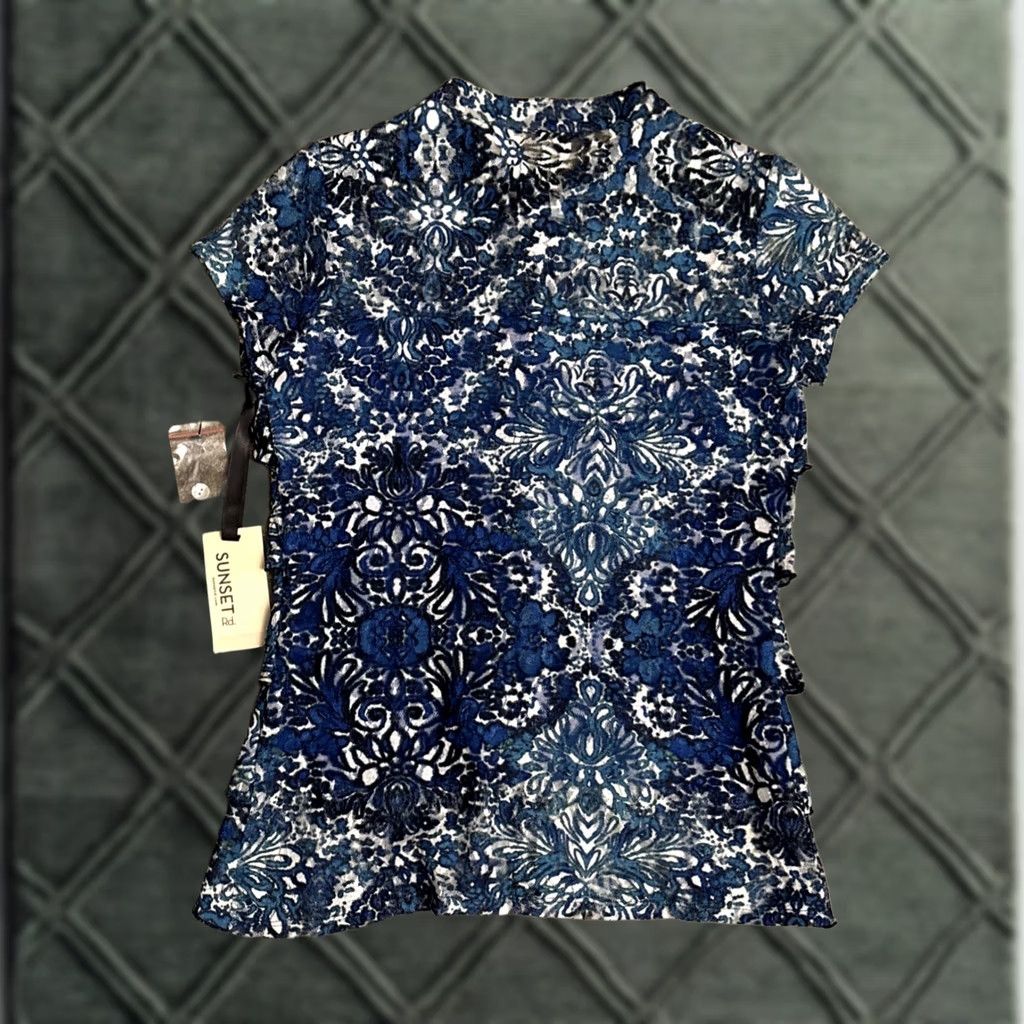 Vintage Sunset Rd Blouse Shirt Short Sleeve Blue Floral Bohemian Lined Sheer Ruffle Button NWT Sz S Womens Regular Adult Small Size S / US 4 / IT 40 - 1 Thumbnail