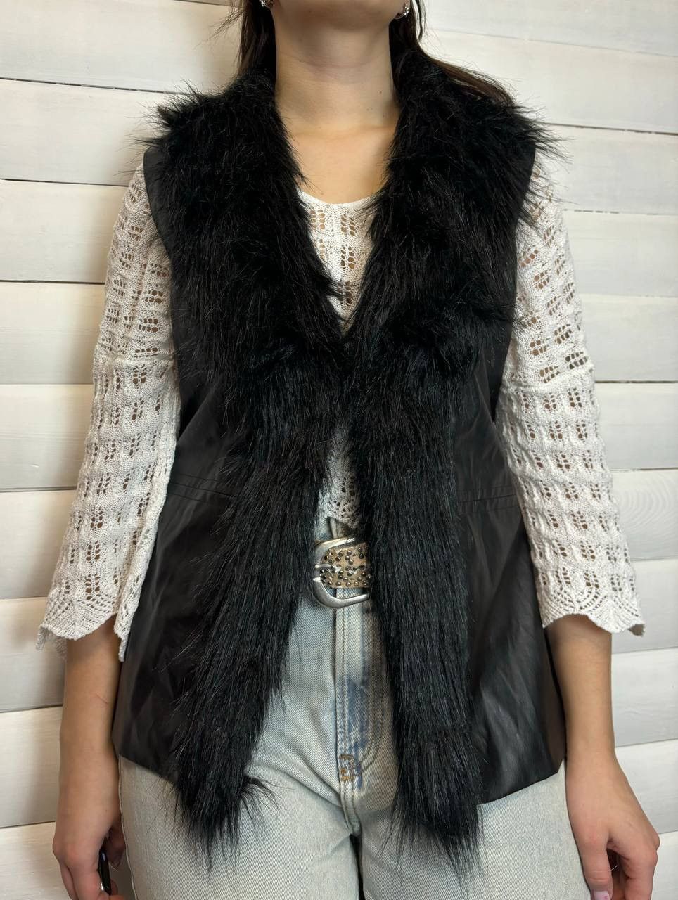 Japanese Brand × Vintage Y2K Leather Style Long Fur Collar Owens Style Vests Size US S / EU 44-46 / 1 - 8 Thumbnail