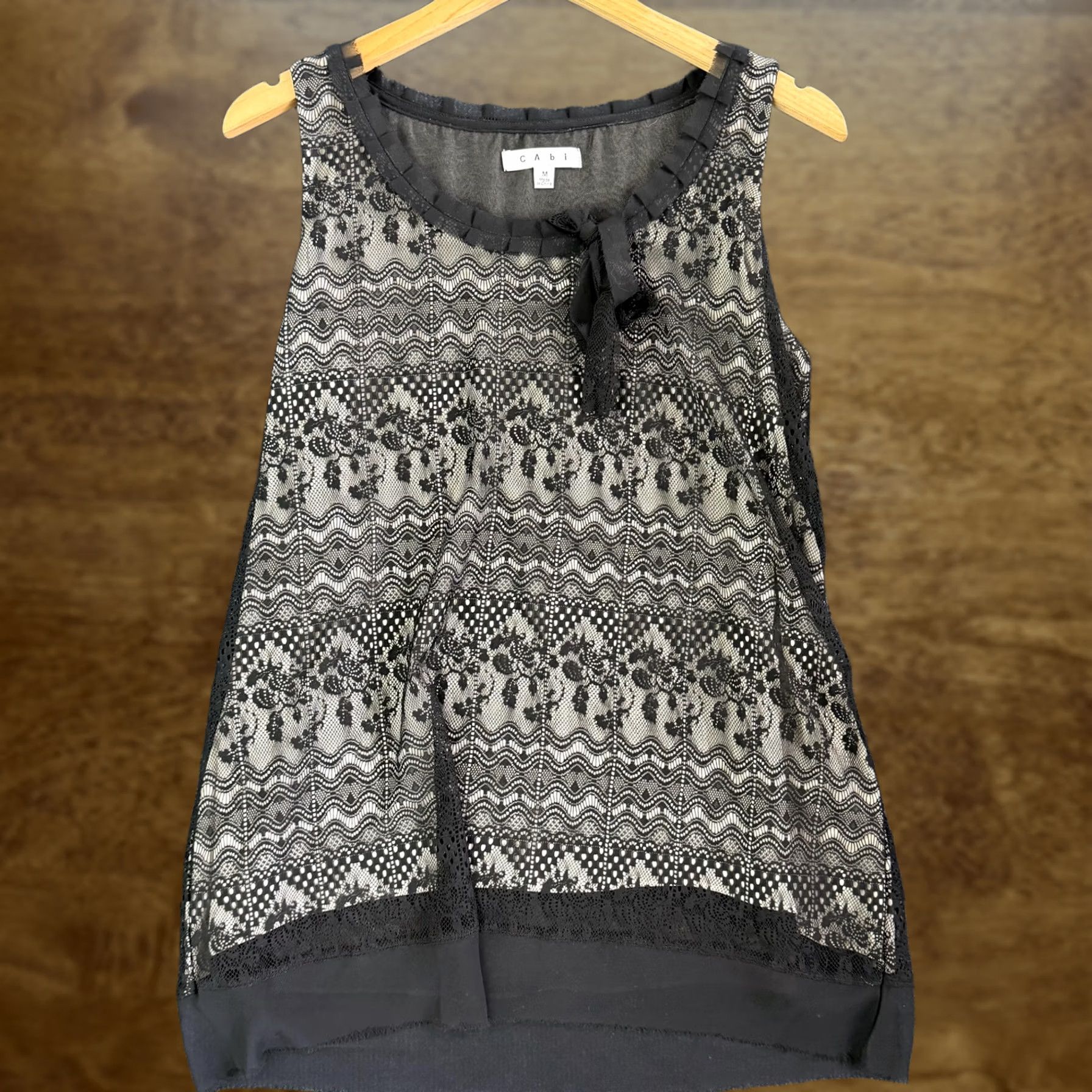 Vintage CAbi Blouse Womens M Black Lace Sleeveless Bow Ruffle Lined Dressy Top Size M / US 6-8 / IT 42-44 - 1 Thumbnail