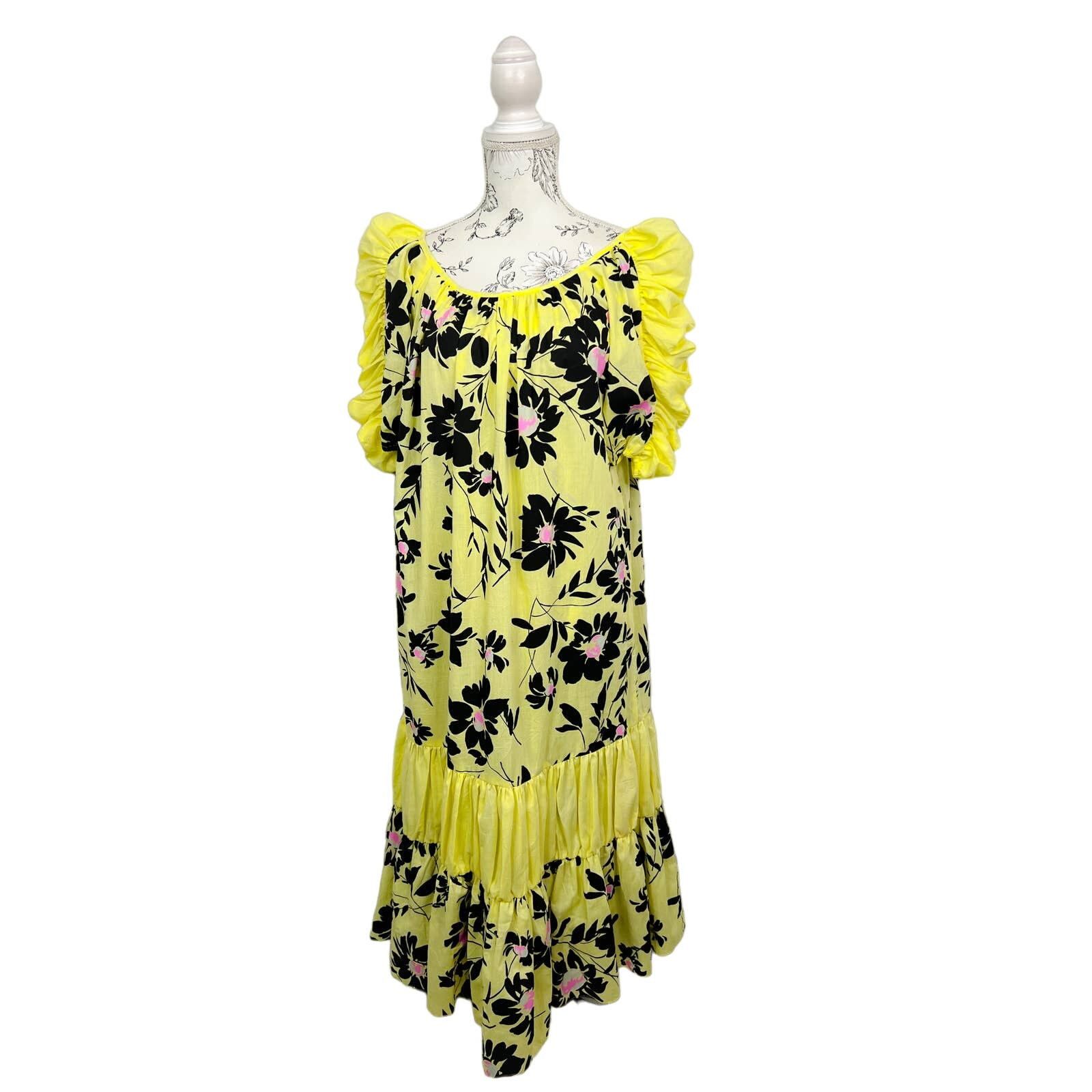 image of Vintage Roseline S Petru Mumu Puff Sleeves Hawaiian Dress in Yellow, Women's (Size Small)