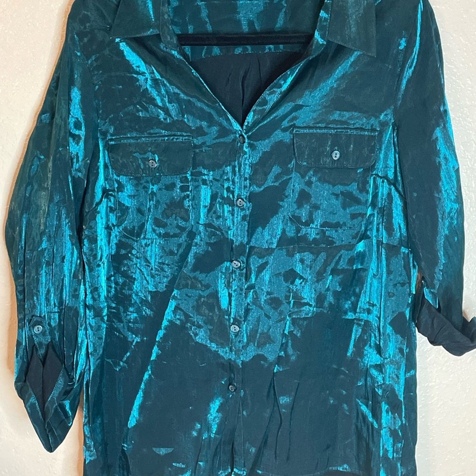 Other Notations Green Shimmery Button Down Blouse Size XL Size XL / US 12-14 / IT 48-50 - 2 Thumbnail