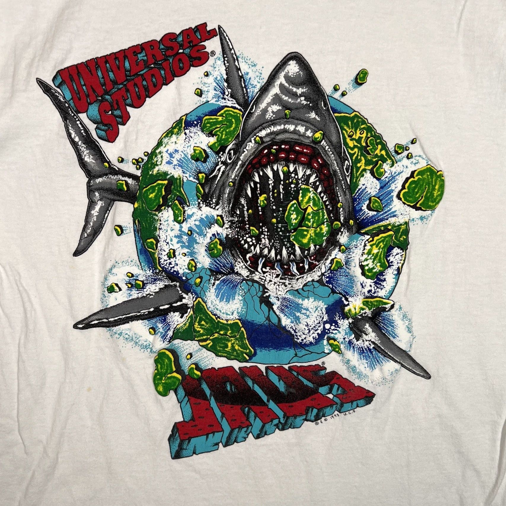 Jerzees VINTAGE JERZEES Jaws T Shirt - Adult Mens Medium White Cotton Crew Neck Short Sleeve USA Made Graphic 1993 Merch Mens Size US M / EU 48-50 / 2 - 4 Thumbnail