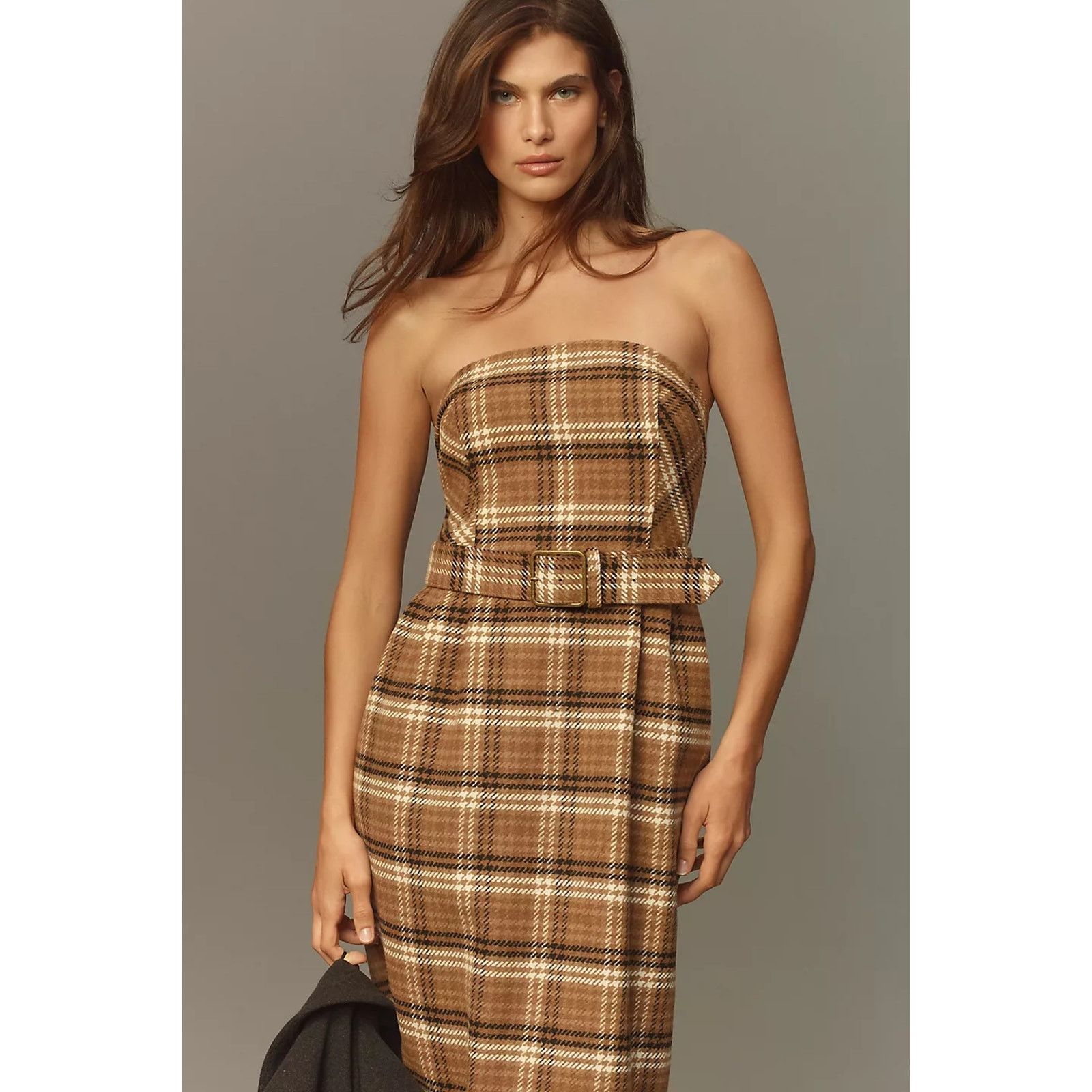 Anthropologie NWT Strapless Belted Midi Dress $178 SIZE 6 Brown PLAID Wool Size M / US 6-8 / IT 42-44 - 3 Thumbnail