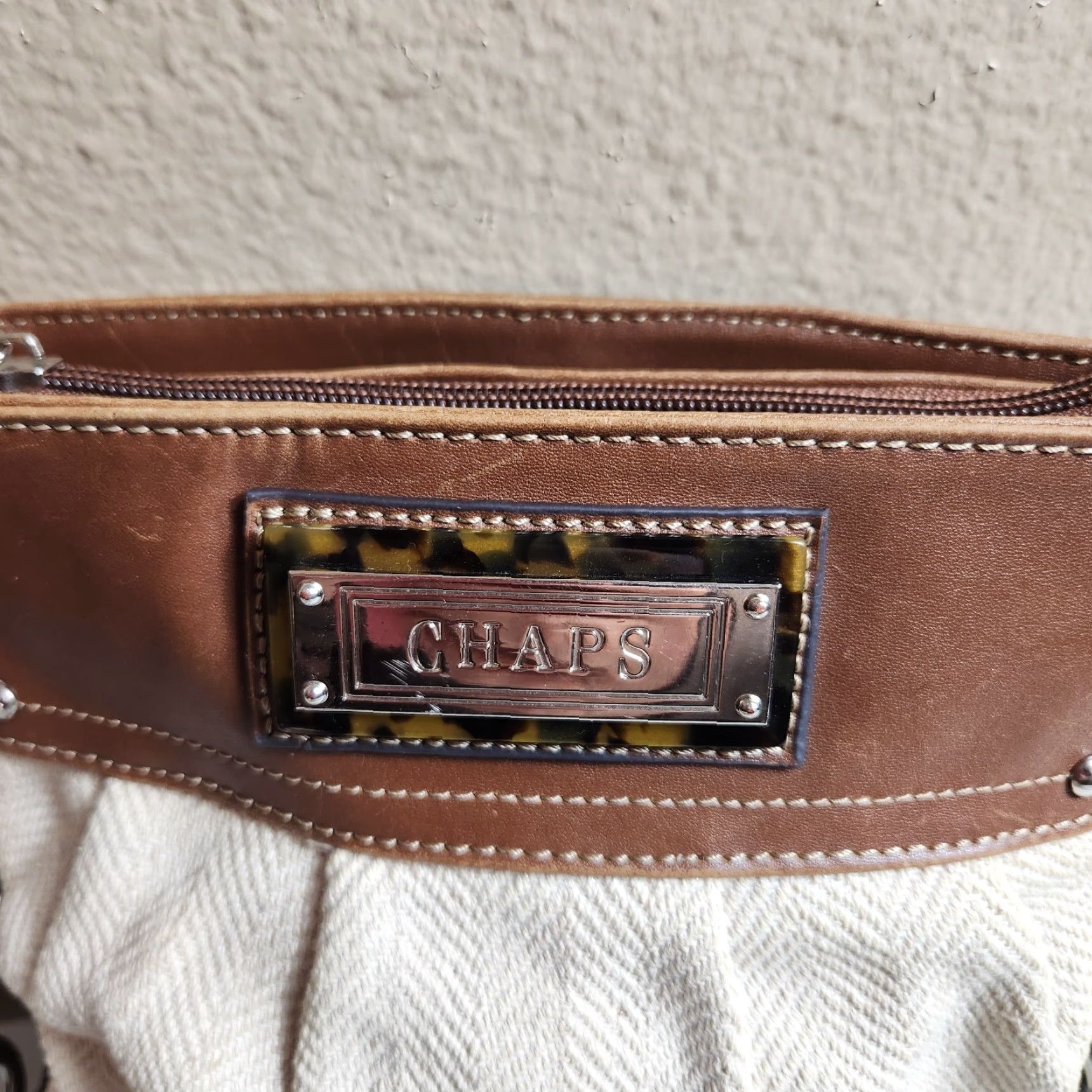 Chaps Chaps Crossbody Bag Womens Cream Canvas Herringbone/Brown Faux Leather Travel Casual Small Beige Beige Silver Crossbody Strap Size ONE SIZE - 3 Thumbnail