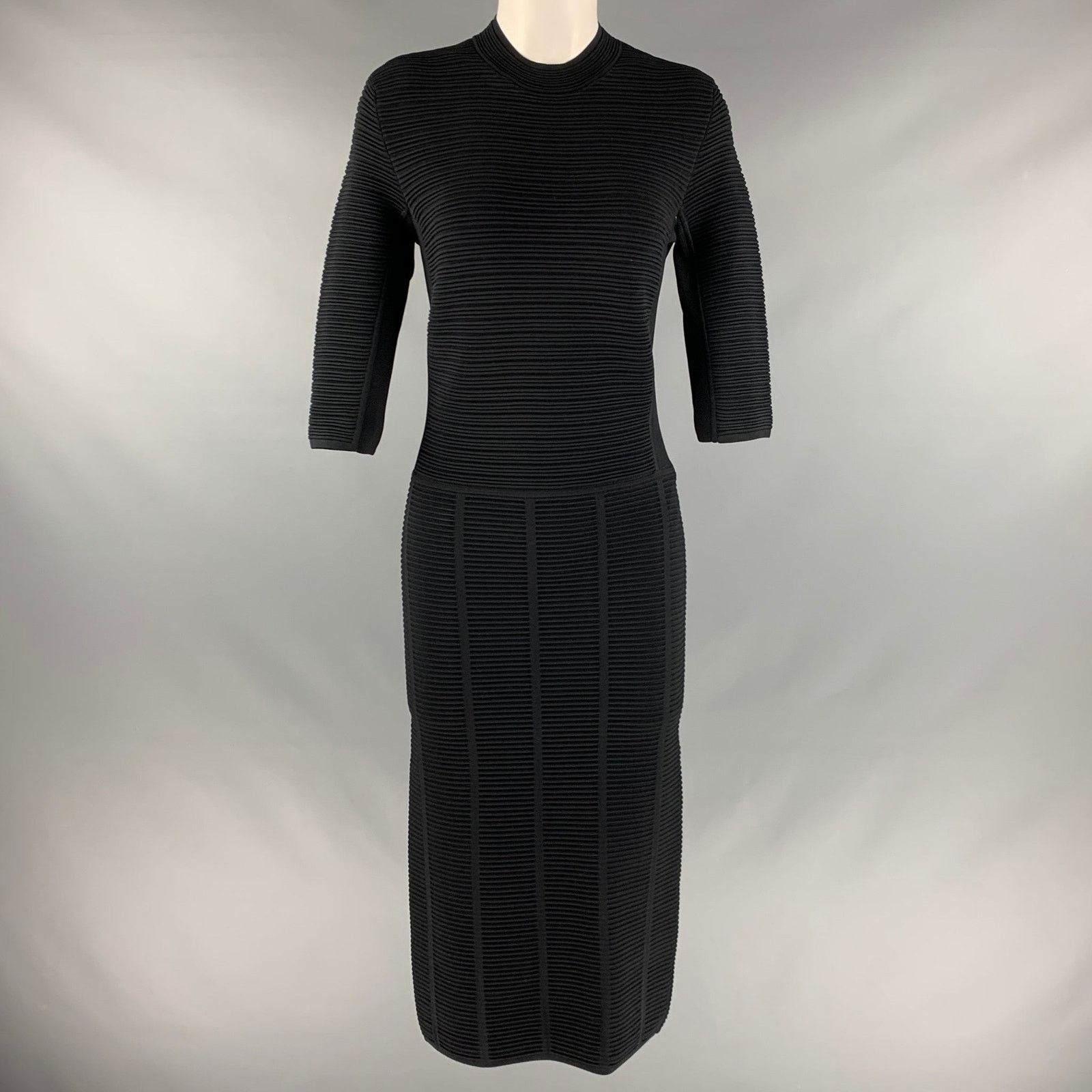 Emporio Armani EMPORIO ARMANI Black Ribbed 3/4 Sleeves Mid-Calf Dress Size M / US 6-8 / IT 42-44 - 1 Thumbnail