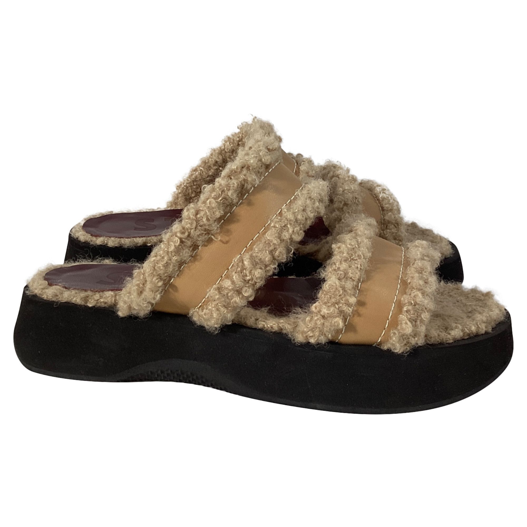 Staud Staud Siesta Shearling Slide Sandals in Brown Leather Size US 7.5 / IT 37.5 - 1 Thumbnail