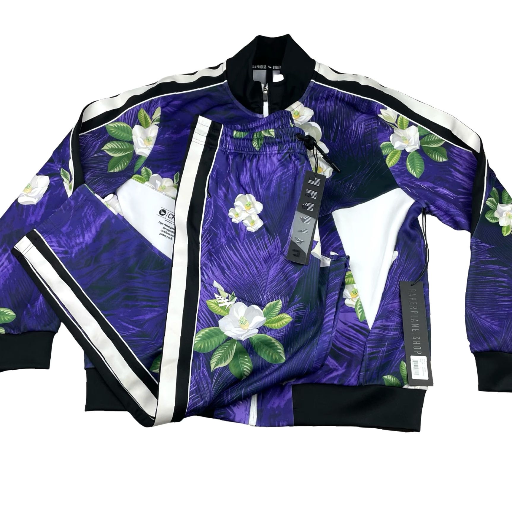 Vintage NEW Paperplanes Men's Track Suit Purple Mardigras Floral Large Size 42R - 2 Thumbnail