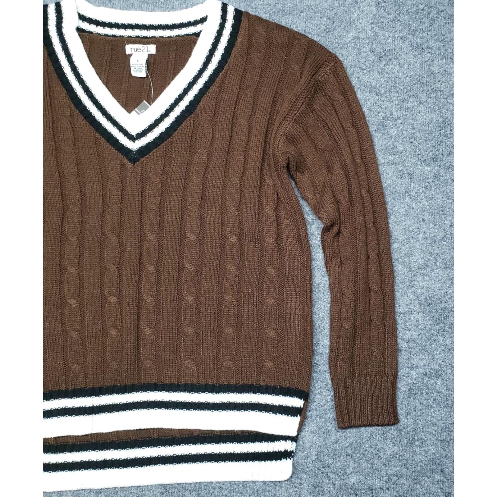 Vintage Rue21 Sweater S Brown Striped Long Sleeve V-Neck Cable Knit Pullover Womens Size S / US 4 / IT 40 - 4 Thumbnail