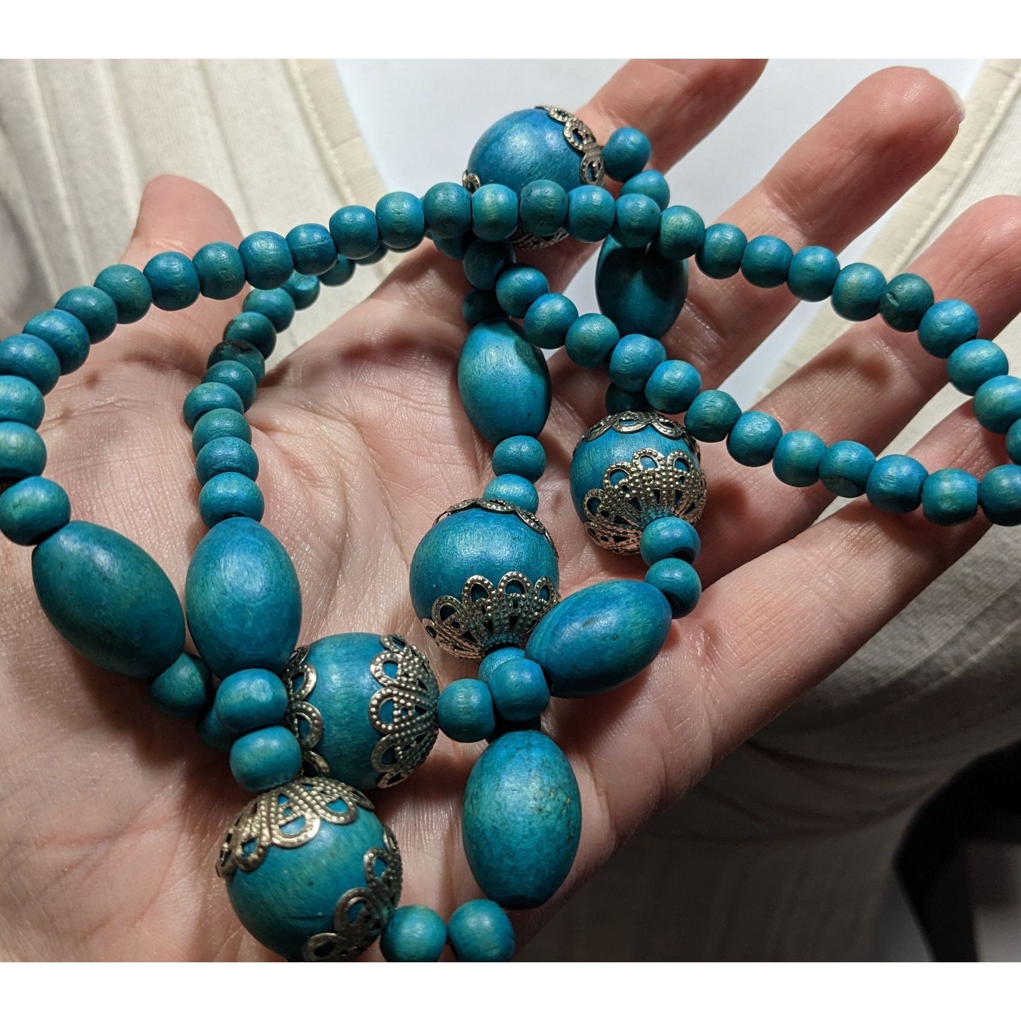 Other Vintage Bohemian Blue Wooden Beaded Necklace With Ornate Sil Size ONE SIZE - 5 Thumbnail