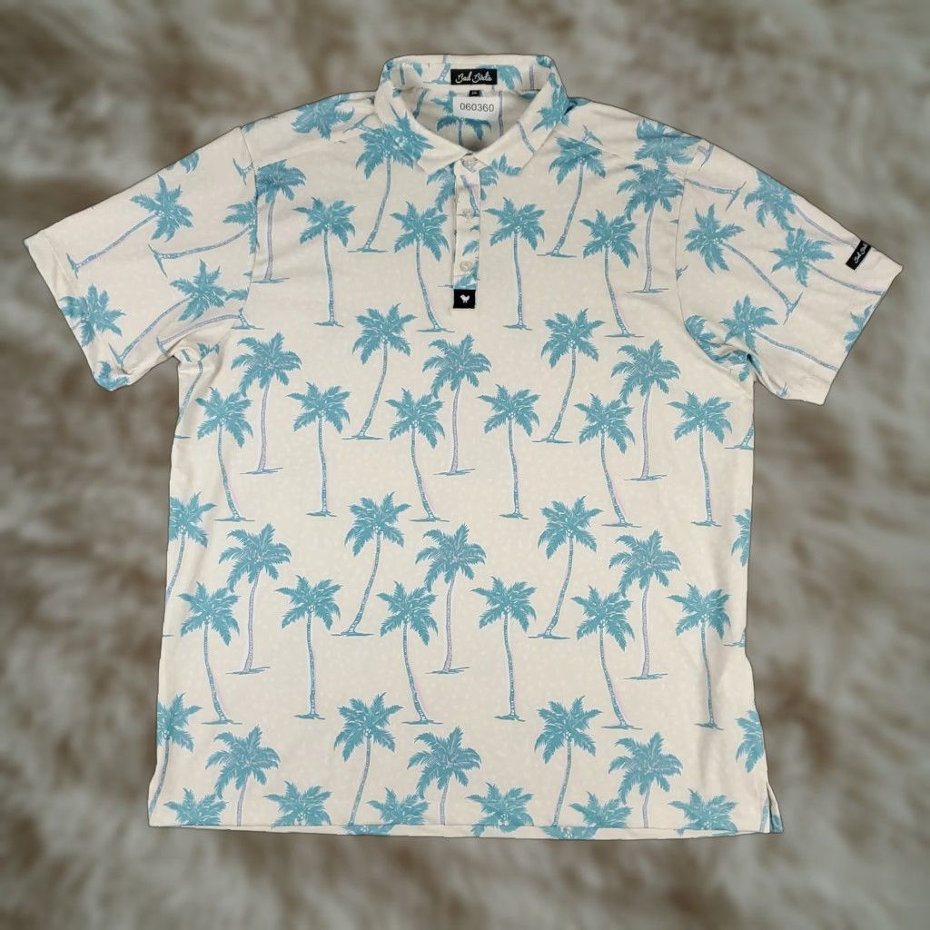 Vintage Bad Birdie Polo Shirt Mens 2XL Ivory Blue Palm Tree Print Short Sleeve Golf Polo Shirt Size US XXL / EU 58 / 5 - 1 Thumbnail