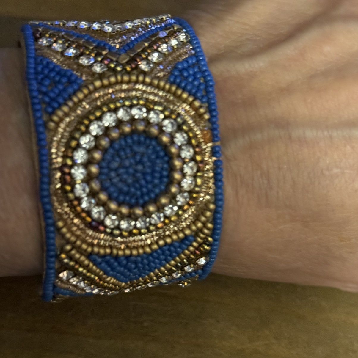 Other Handmade blue and gold beaded rhinestone wide cuff bracelet Size ONE SIZE - 3 Thumbnail