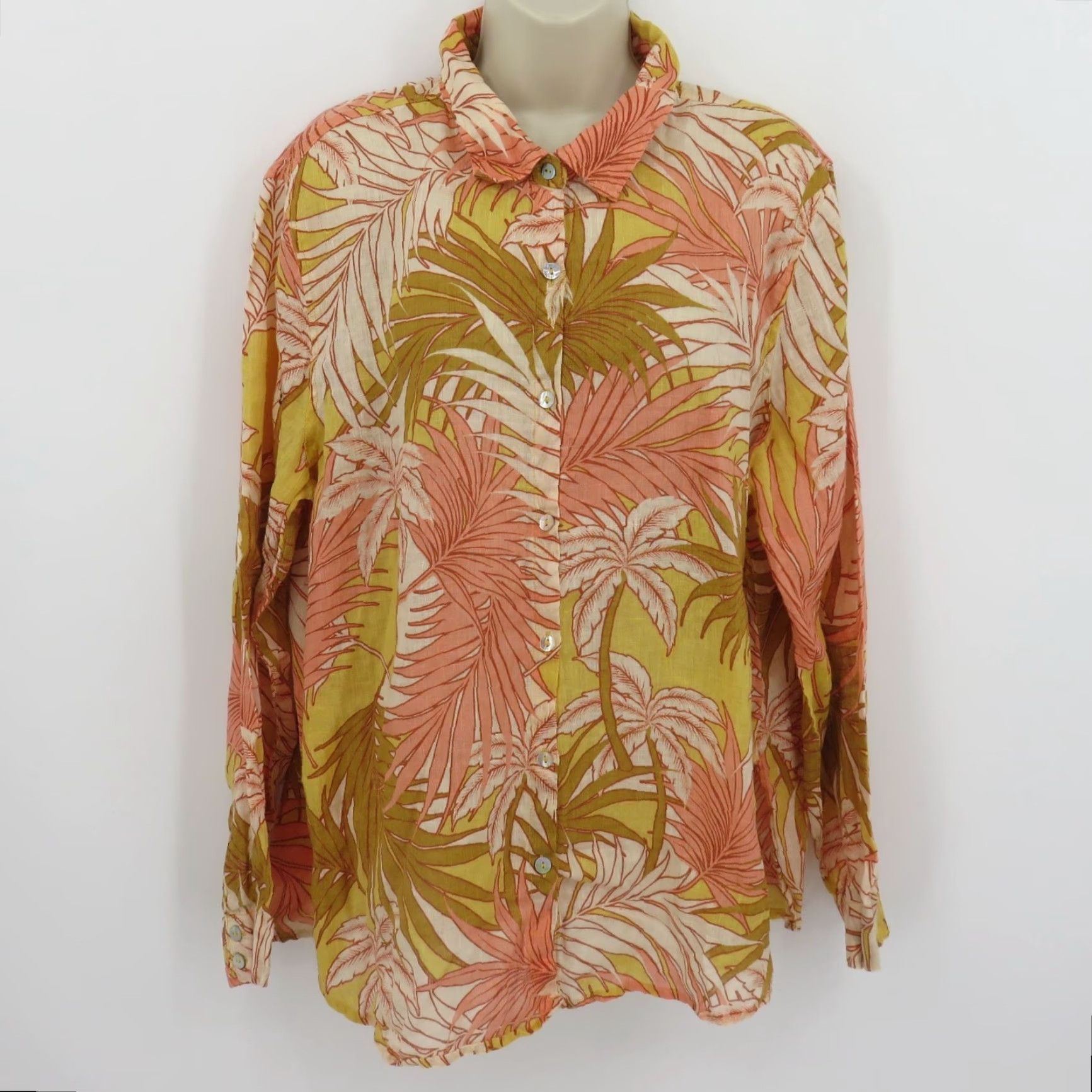 Vintage Tahari Shirt Women's XL Orange Linen Collared Button Long Sleeve Tropical Floral Autumn Spring Summer Winter Holiday Workwear Dressy Casual Size XL / US 12-14 / IT 48-50 - 7 Thumbnail
