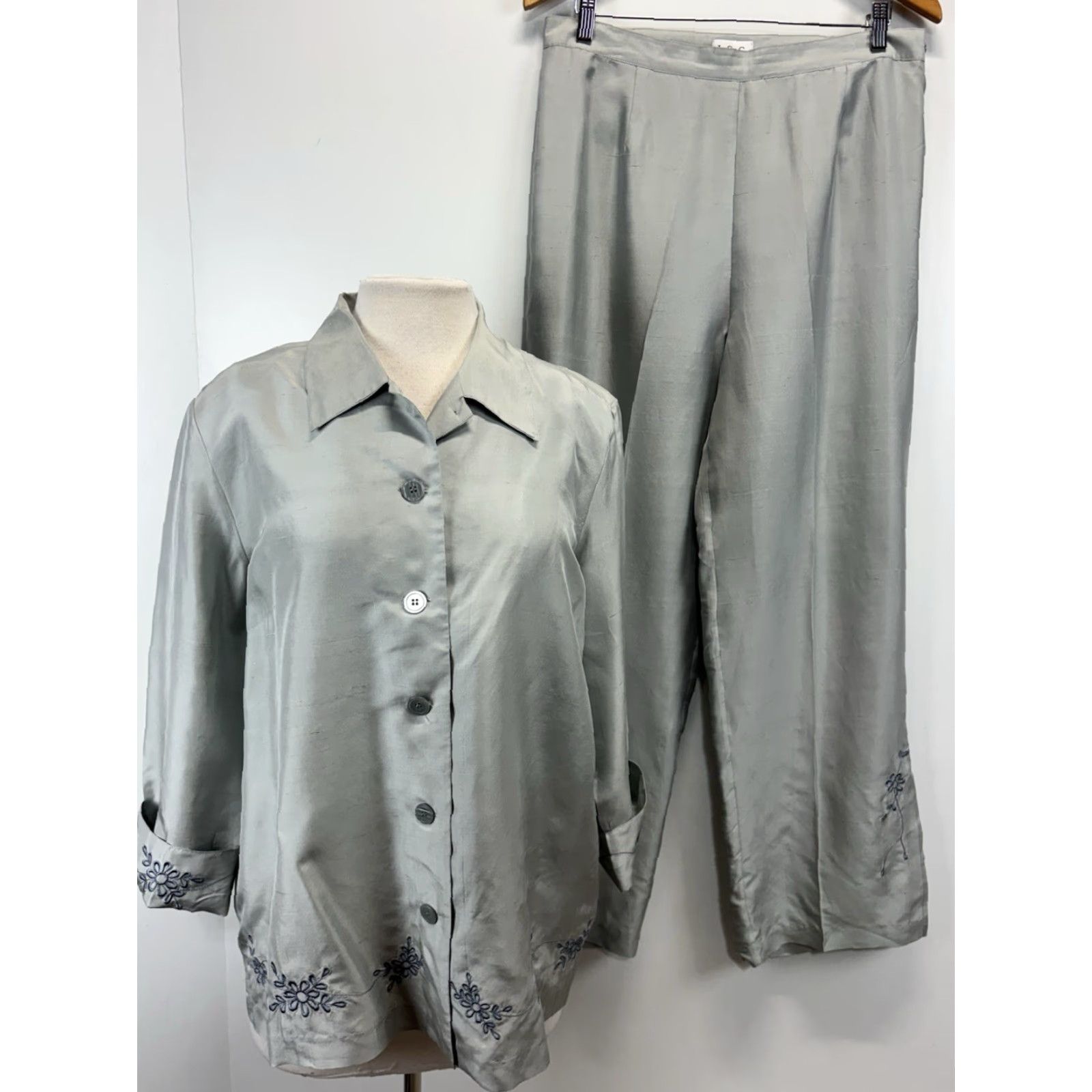 Vintage VINTAGE ISC Silk Outfit Pants Shirt Grey Large Womens 1990s Embroidered Y2K Fairy Size L / US 10 / IT 46 - 2 Thumbnail