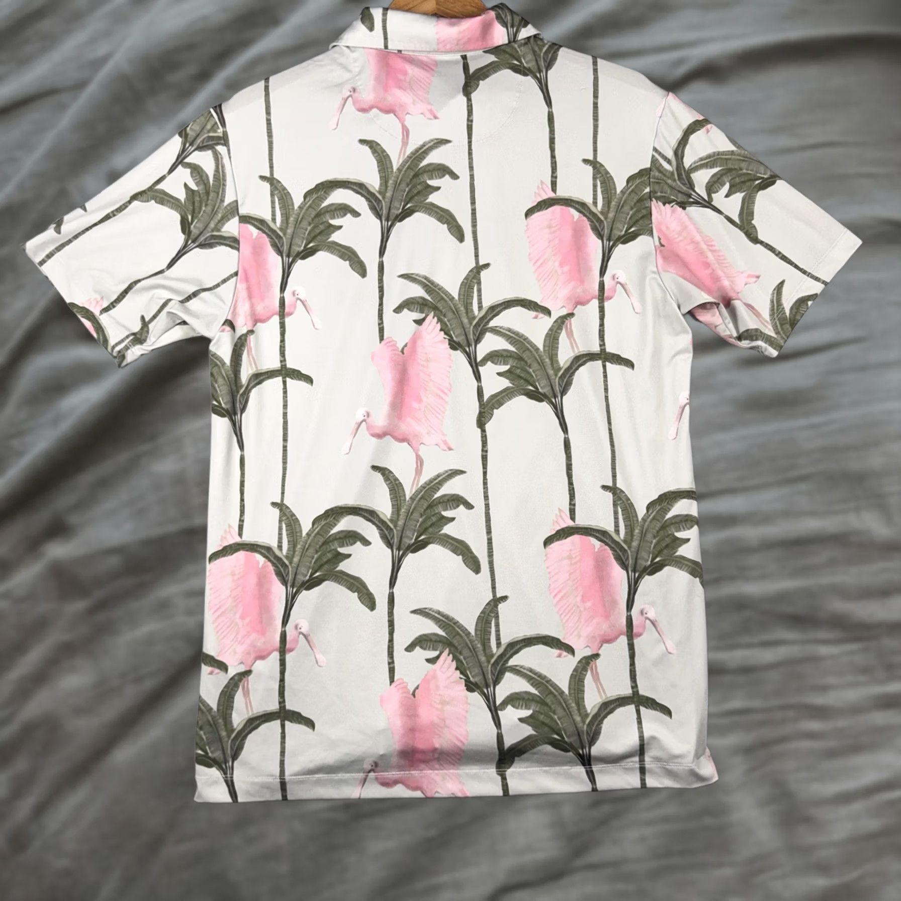 Vintage Bad Birdie Polo Shirt Mens L Flamingo Palm Print Tropical Golf Performance Shirt Size US L / EU 52-54 / 3 - 1 Thumbnail