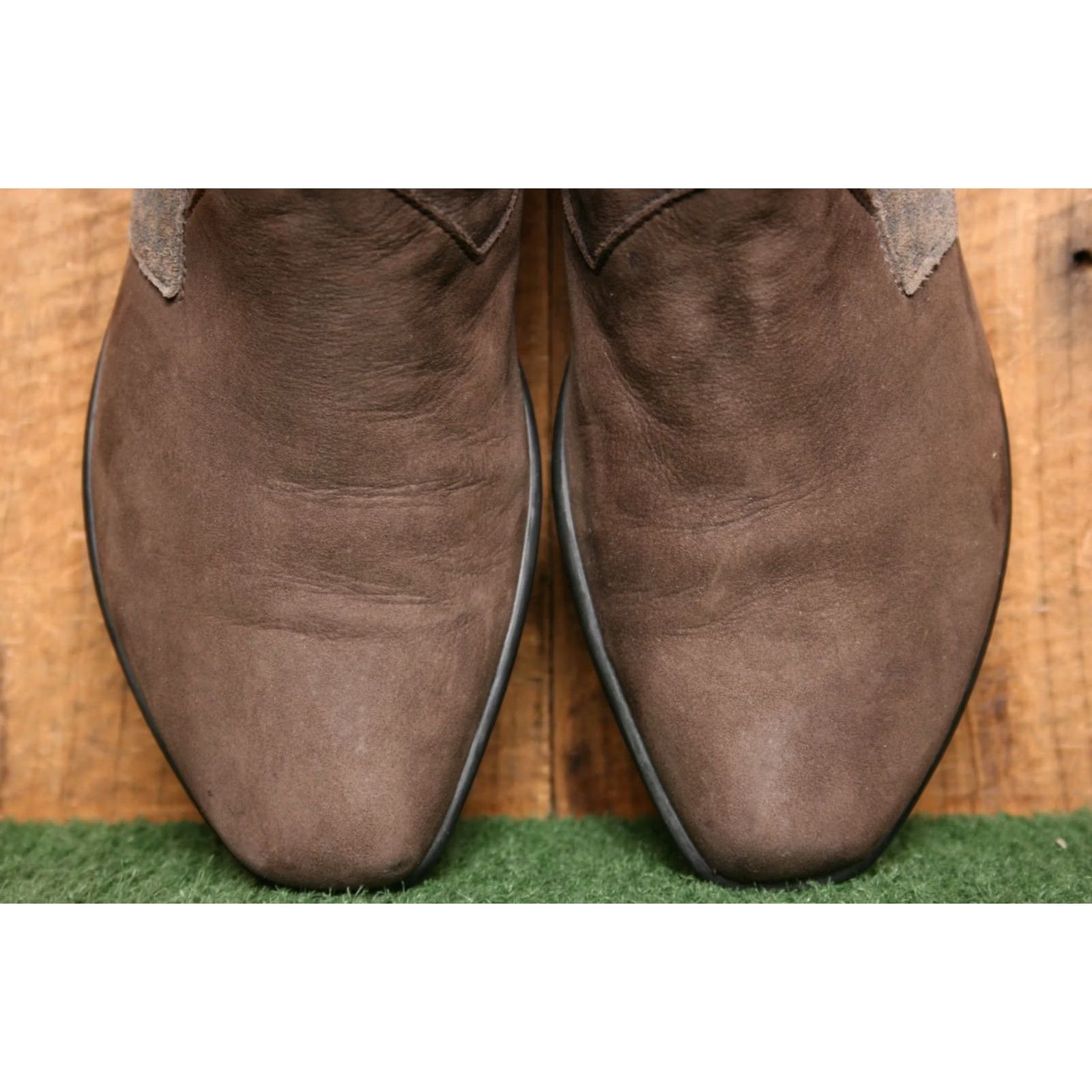 Vintage THINK! Brown Suede Patchwork Plaid Side Zip Ankle Booties Women 8.5 EUR 39 Brown Suede Patchwork Plaid Bootie Zip Ankle Think! Women Shoes Size US 9 / IT 39 - 5 Thumbnail