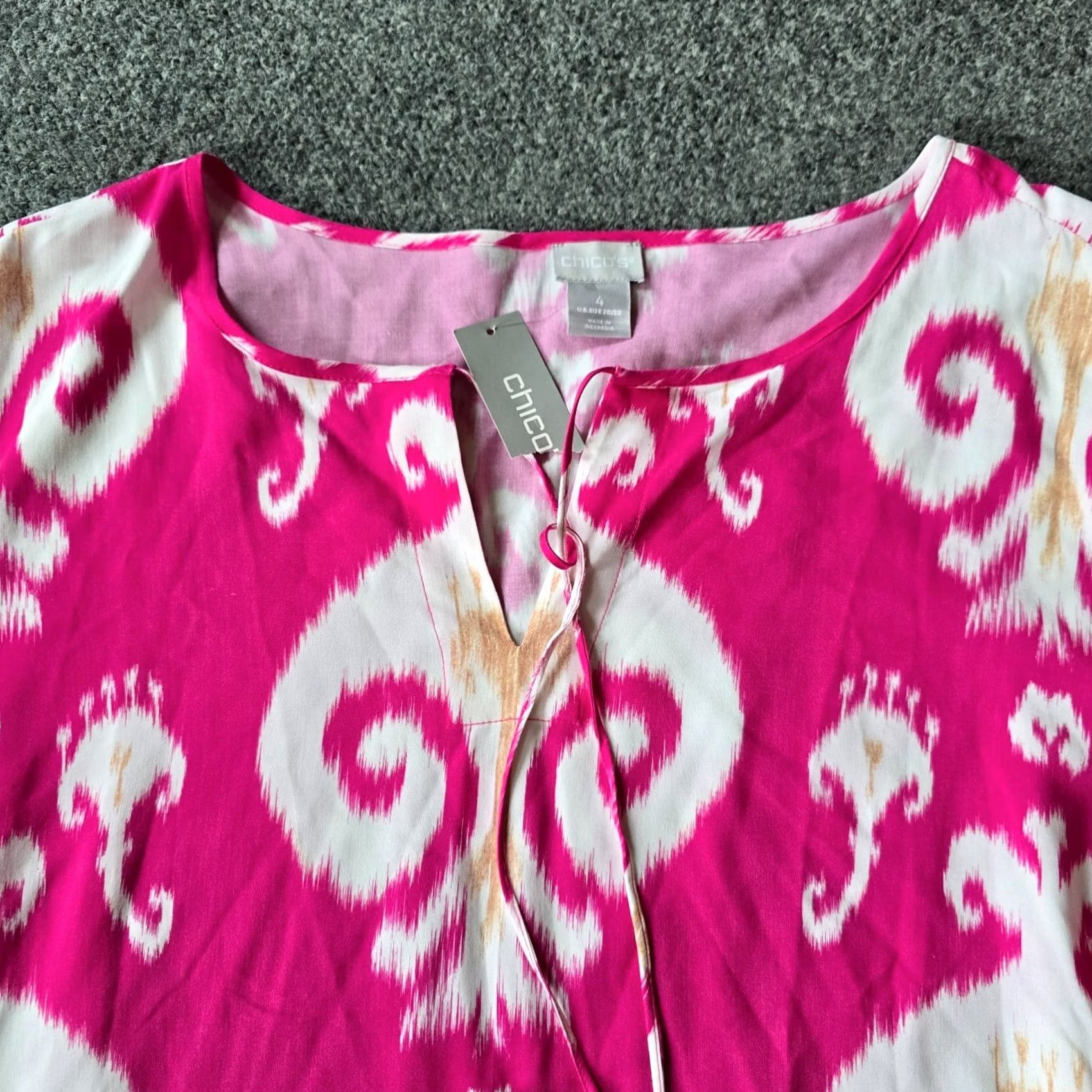 Vintage Chico's Top Womens Size 22 Pink Ikat Flare Sleeve V Neck Tassels Beachy Casual Blouse Size 3XL / US 20-22 - 2 Thumbnail