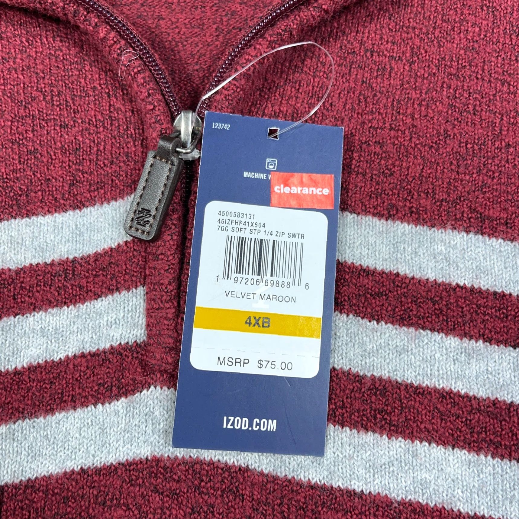 Izod IZOD Sweater Men 4XB Velvet Maroon Gray Pullover Quarter Zip Knit Stripes NEW Size US XXL / EU 58 / 5 - 4 Thumbnail