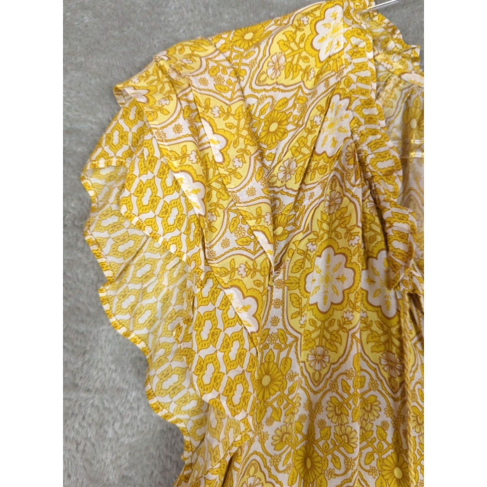 Vintage Rose Olive Yellow Floral Tasseled V Neck Short Sleeve Top L Casual Blouse Size L / US 10 / IT 46 - 2 Thumbnail