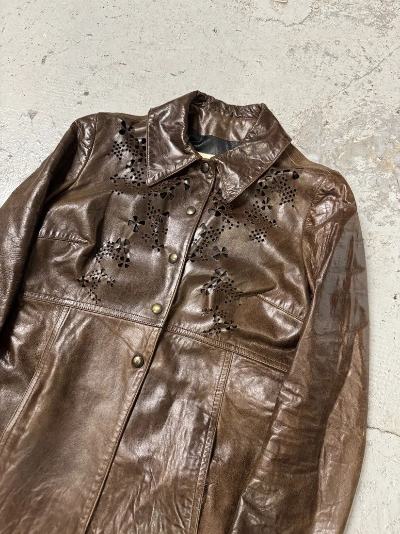 Vintage 2000s Plein Sud Embellished Holes Brown Leather Trench Long Jacket Size S / US 4 / IT 40 - 5 Thumbnail