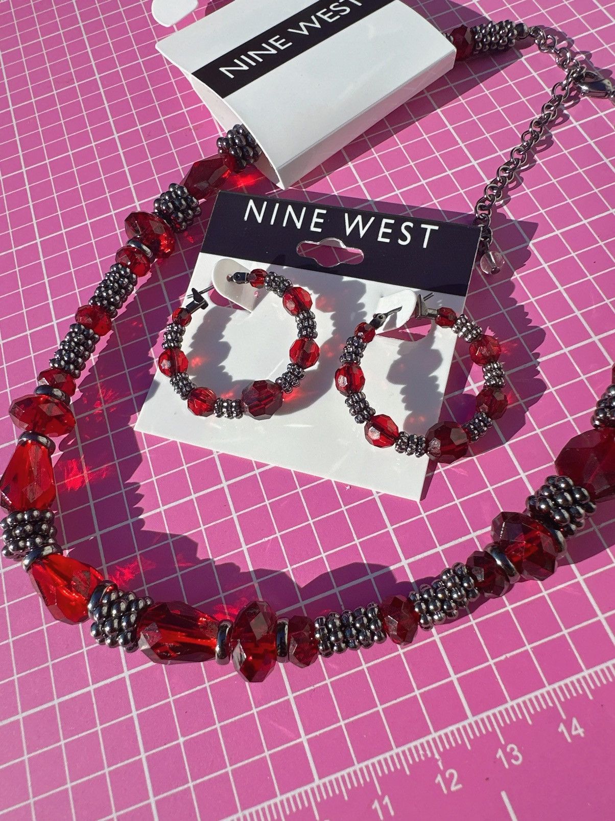 Nine West Nine West Red Crystal beaded Jewelry Set 17” necklace + ear Size ONE SIZE - 2 Thumbnail