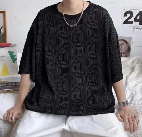 VIBE Korean Black Wave Pleated Oversized Relaxed Tee T-shirt Size US XL / EU 56 / 4 - 5 Thumbnail