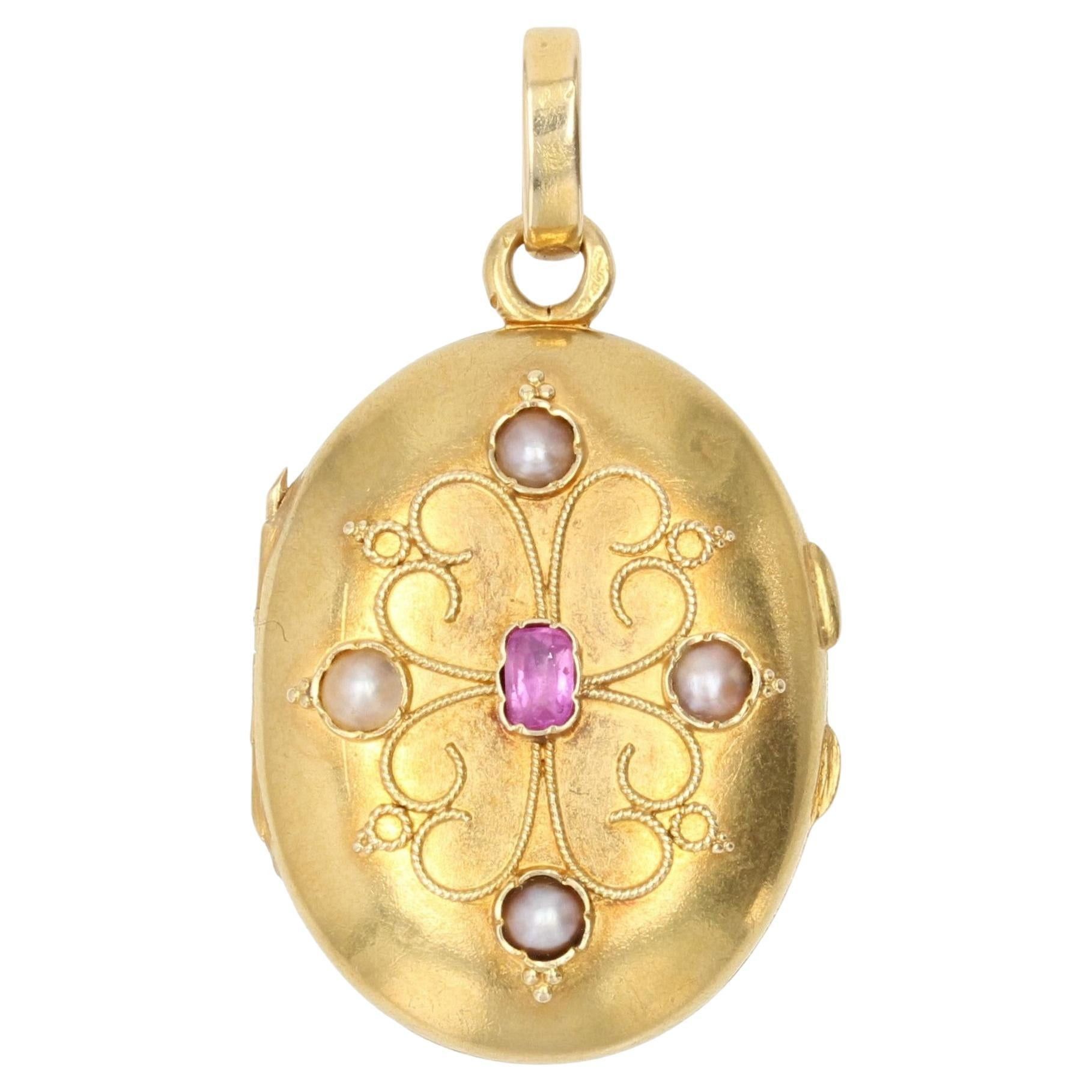 image of Vintage French, 20Th Century Ruby Pearl 18 Karat Yellow Gold Medallion, Women's