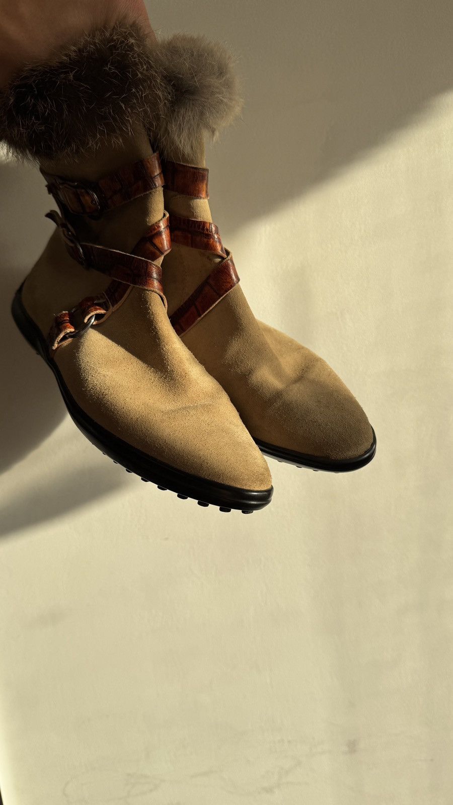Vintage 00s’ Western Suede Leather Strap Rabbit Fur Boots gucci tods Size US 8.5 / IT 38.5 - 3 Thumbnail