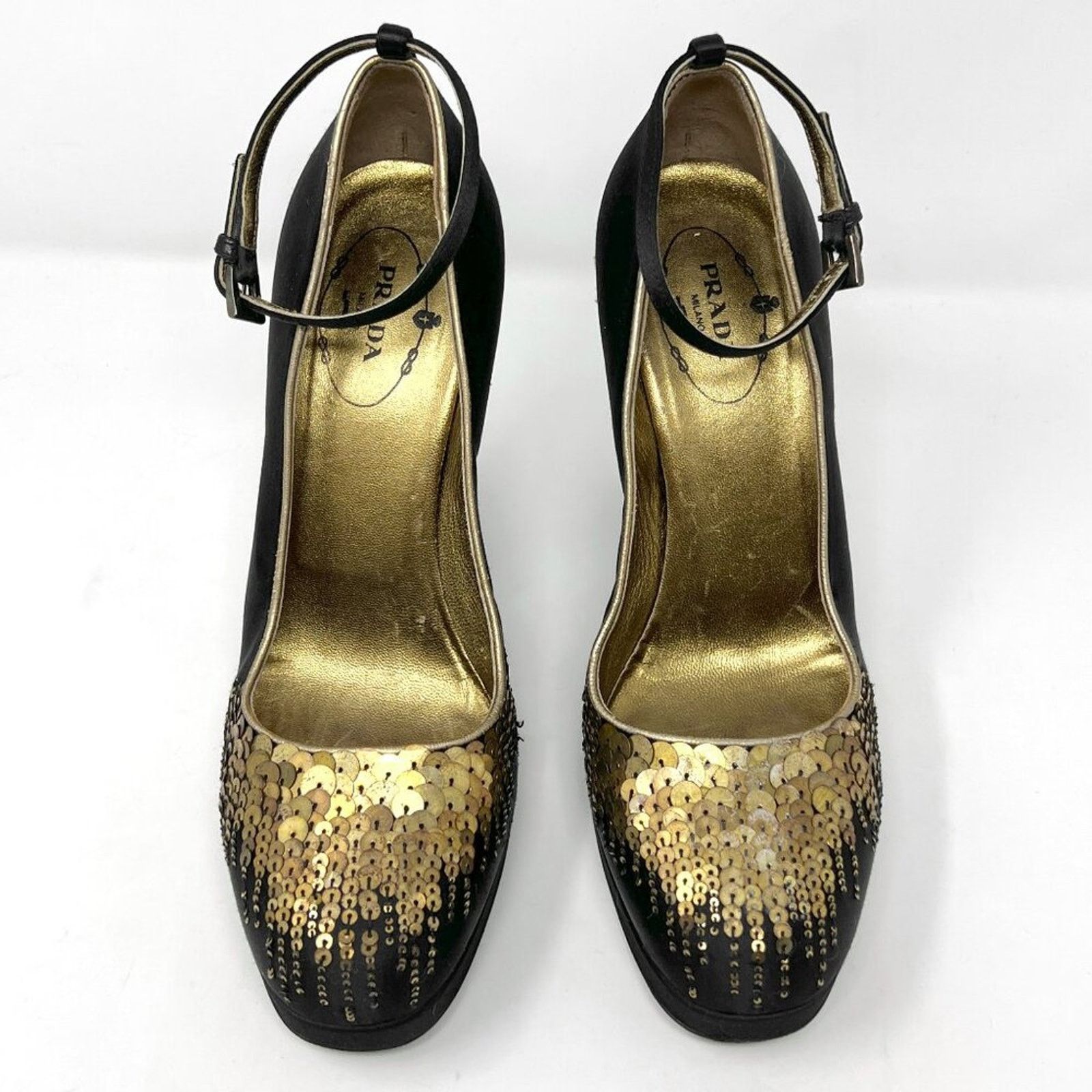 Prada Prada Black Satin Gold Sequins Mary Jane Platform Pumps Size US 8.5 / IT 38.5 - 2 Thumbnail