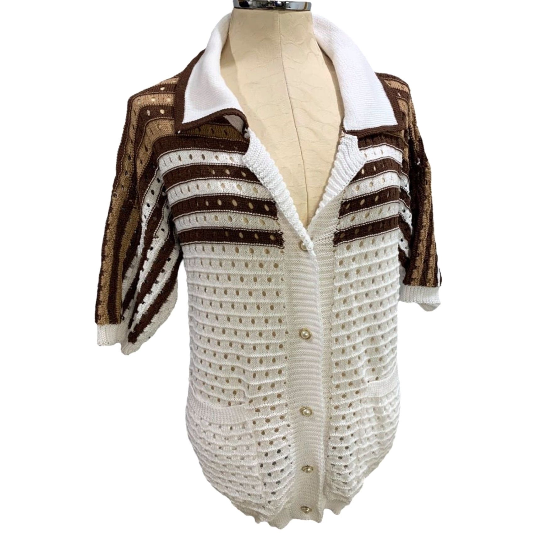 Vintage VINTAGE XL Womens Cardigan Short Sleeve Loose Knit Collared White 100% Polyester Mens? (No) Size XL / US 12-14 / IT 48-50 - 2 Thumbnail