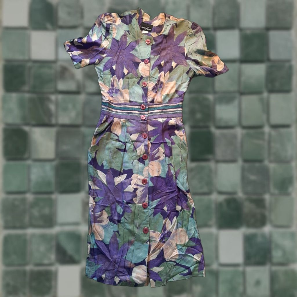 Vintage VINTAGE Positive Attitude Long Dress Blue Purple Short Sleeve Button Down SZ 5/6 Size 27" / US 4 / IT 40 - 1 Thumbnail