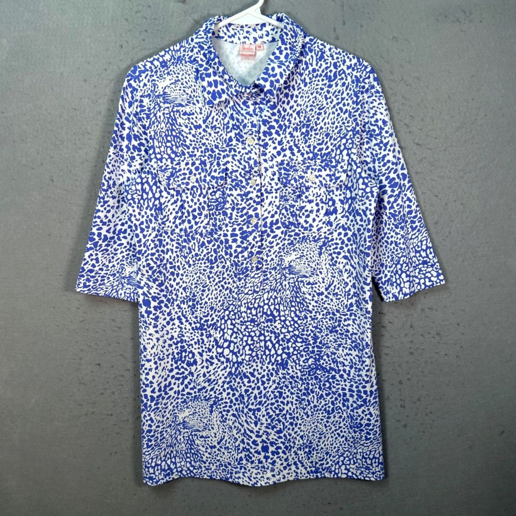 Vintage Persifor Womens Medium Blue & White Leopard Print Button-Up Tunic Dress Shirt Dress Size M / US 6-8 / IT 42-44 - 2 Thumbnail