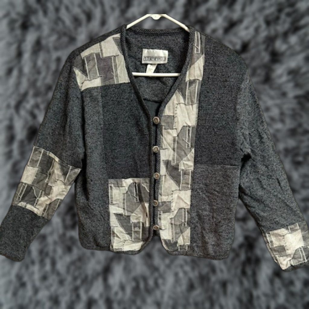 Folk VINTAGE 70s 80s Cardigan Grandpa Sweater Womens Large Patchwork Folk Hippie Size L / US 10 / IT 46 - 1 Thumbnail