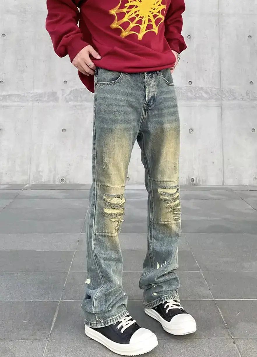 Japanese Brand Streetwear Design Skinny Ripped Straight Hole Jeans y2k Size US 32 / EU 48 - 2 Thumbnail