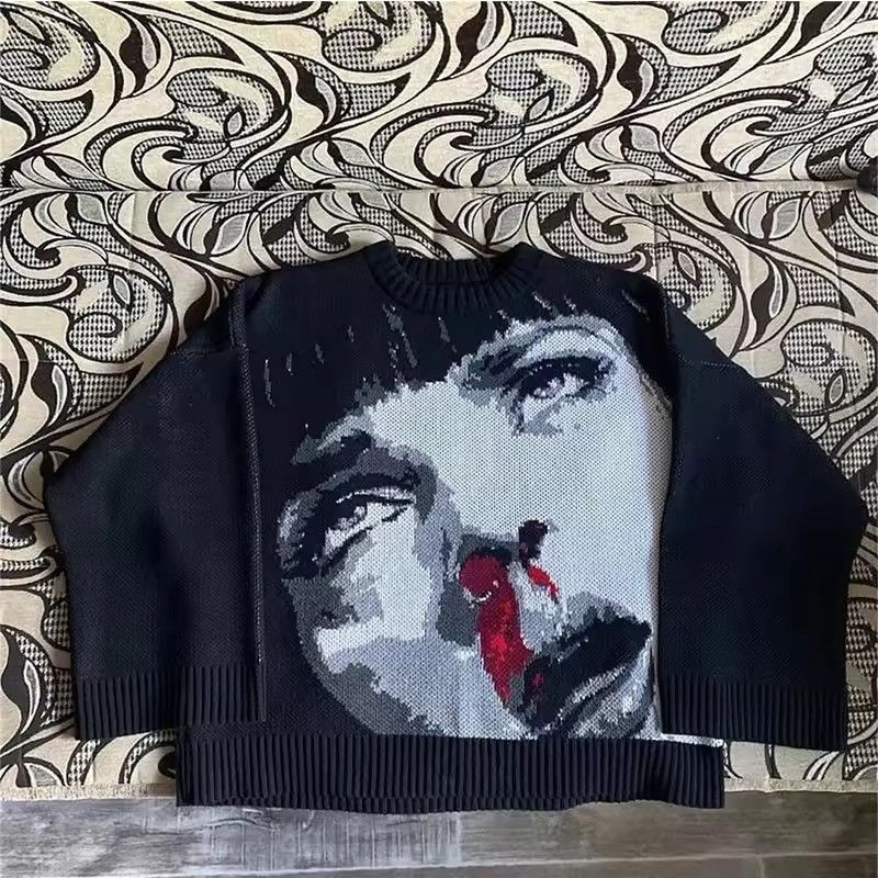 Other Gothic Punk Black Loose Knitted Sweater Girl Print Pullover Size M / US 6-8 / IT 42-44 - 1 Thumbnail