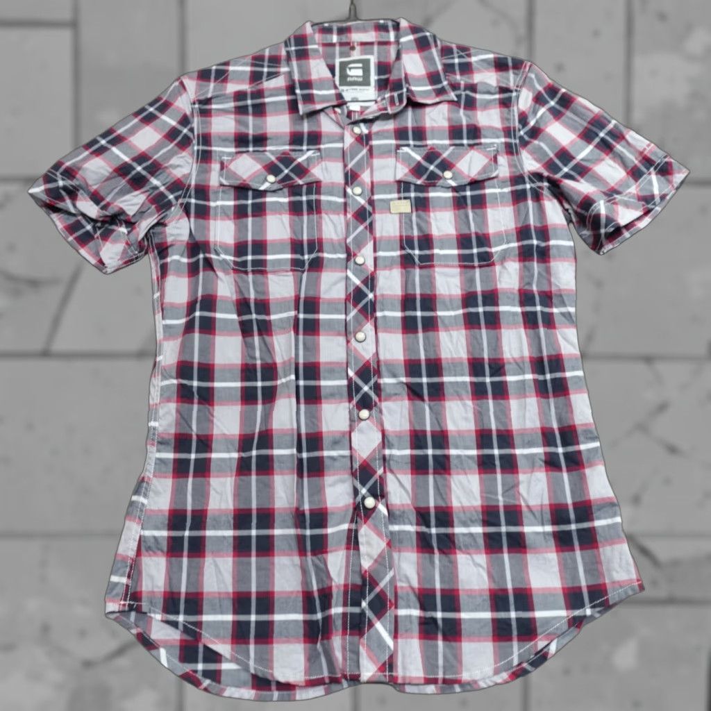 G-Star G-Star Shirt Large Gray Red Snap Front Western Landon Shirt Mens L Gray Western Snap Front Plaid Button-Up Short Sleeve Size US L / EU 52-54 / 3 - 1 Thumbnail
