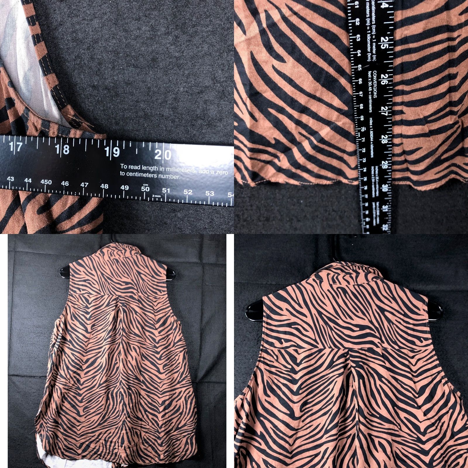 Vintage Rose + Olive Womens Blouse Black Brown Tiger Stripe Sleeveless Button Down Tunic L Size L / US 10 / IT 46 - 8 Thumbnail