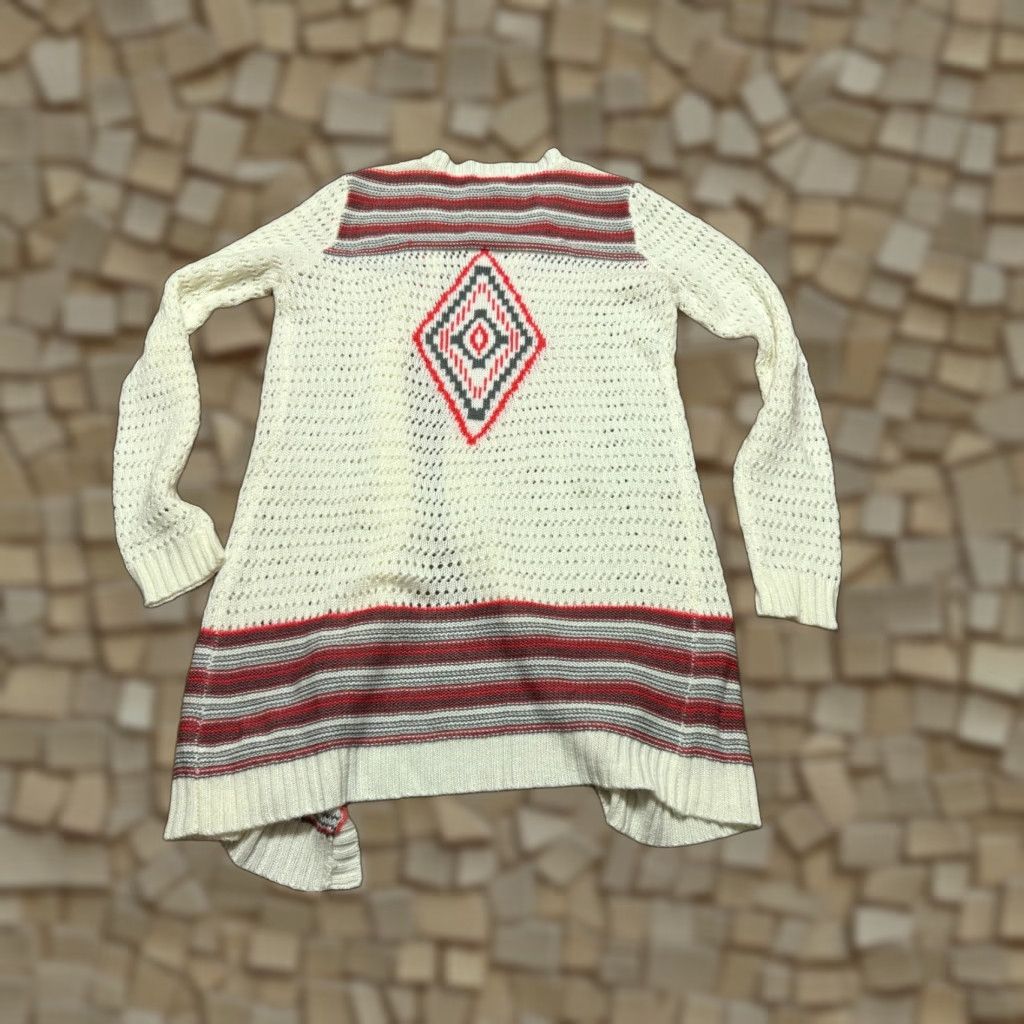 Vintage Derek Heart Women's Sweater Large White Red Grey Long Sleeve Open Cardigan Knit Size L / US 10 / IT 46 - 1 Thumbnail