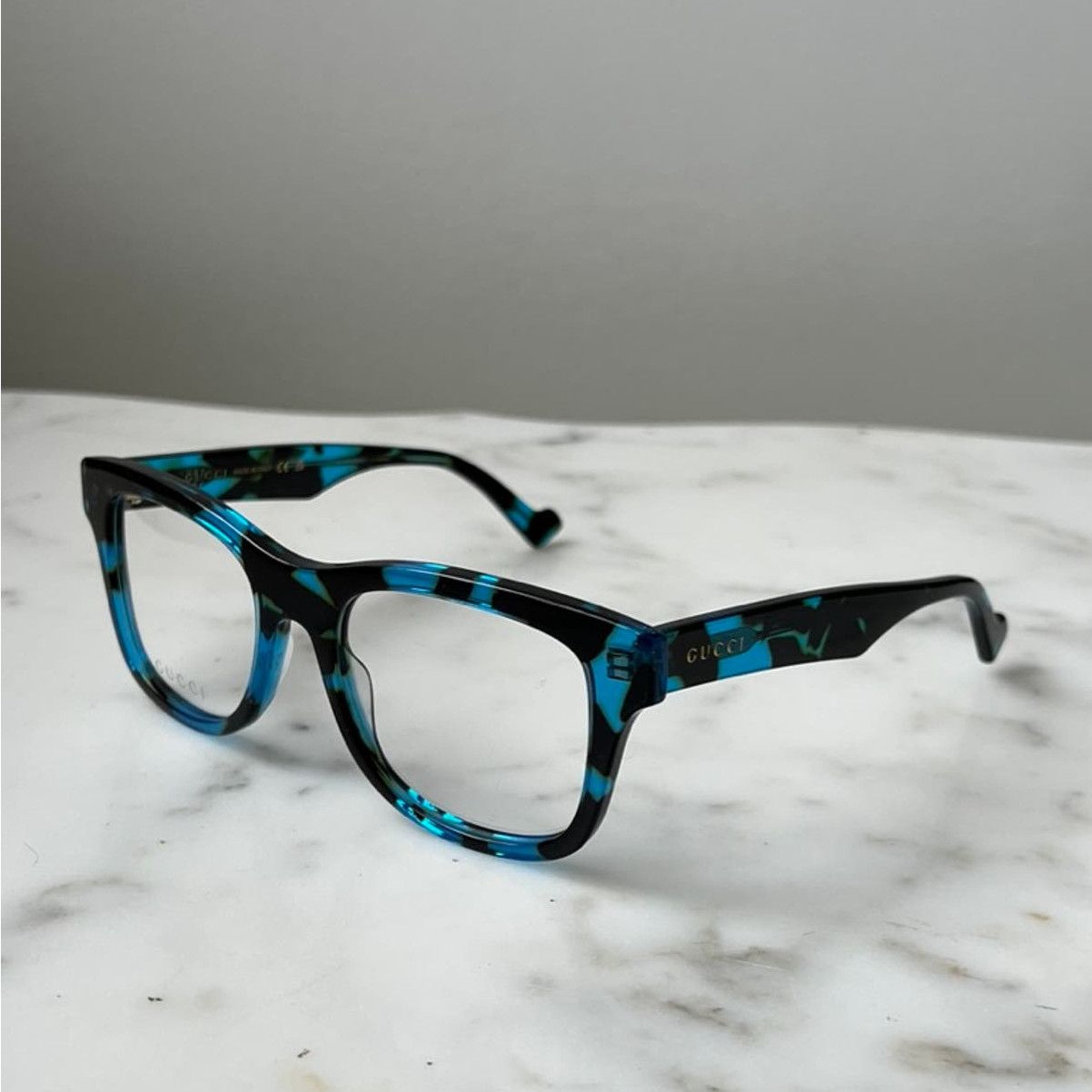image of New Gucci Gg1332O Blue Havana Square Eyeglass Frames in Black, Men's