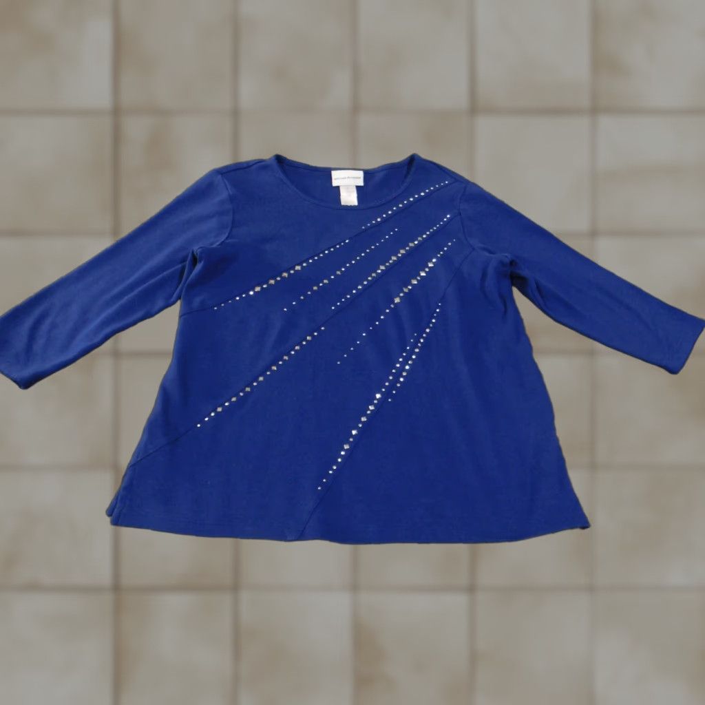 Vintage Alfred Dunner Blouse Shirt Women S Blue Knit Beaded Beads Rhinestones Round Neck Long Sleeve Stretch Casual Size S / US 4 / IT 40 - 1 Thumbnail